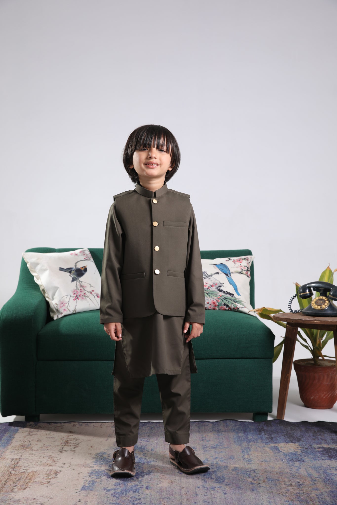 Olive Green Kurta Trouser with Blended Waistcoat - Round Cut Buttoned - Kids