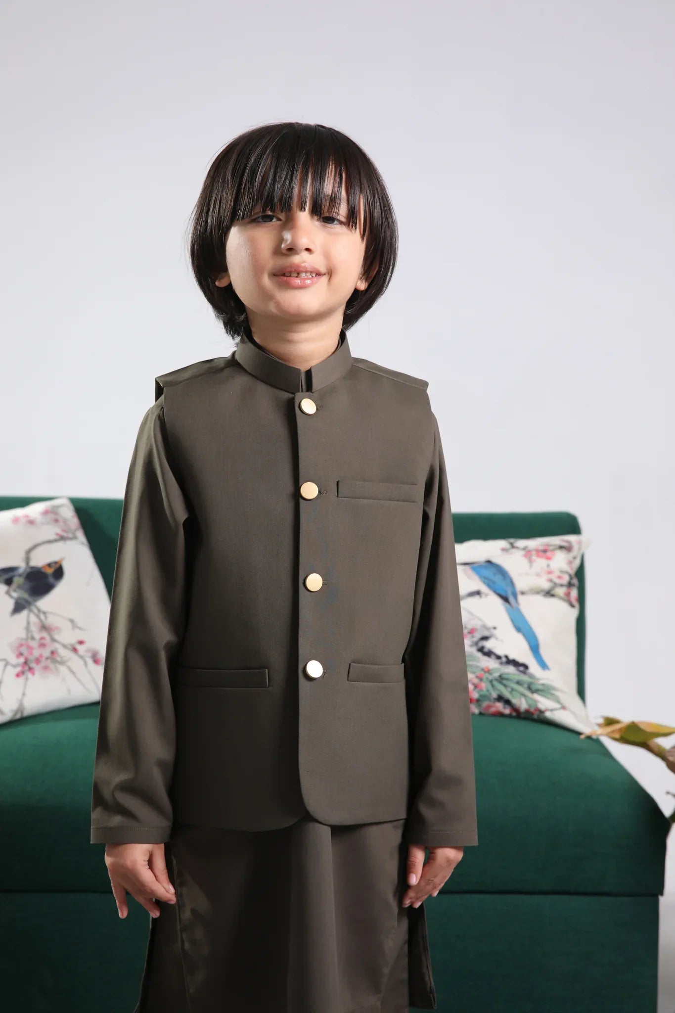 Olive Green Kurta Trouser with Blended Waistcoat - Round Cut Buttoned - Kids - Muraqsh -- Kidswear