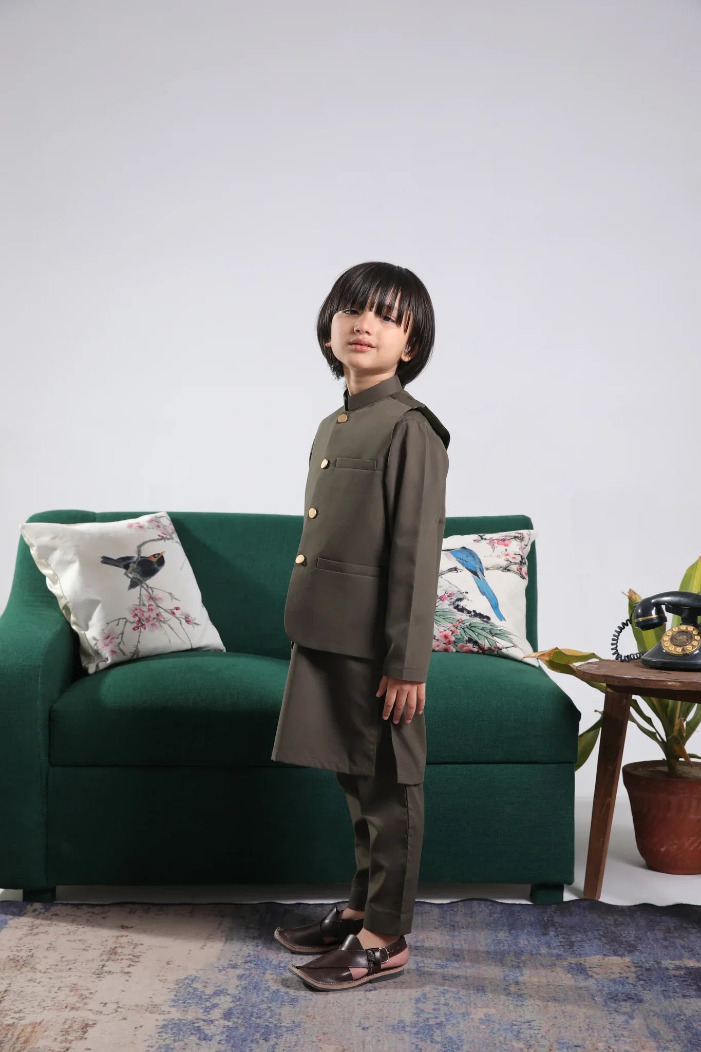 Olive Green Kurta Trouser with Blended Waistcoat - Round Cut Buttoned - Kids - Muraqsh -- Kidswear