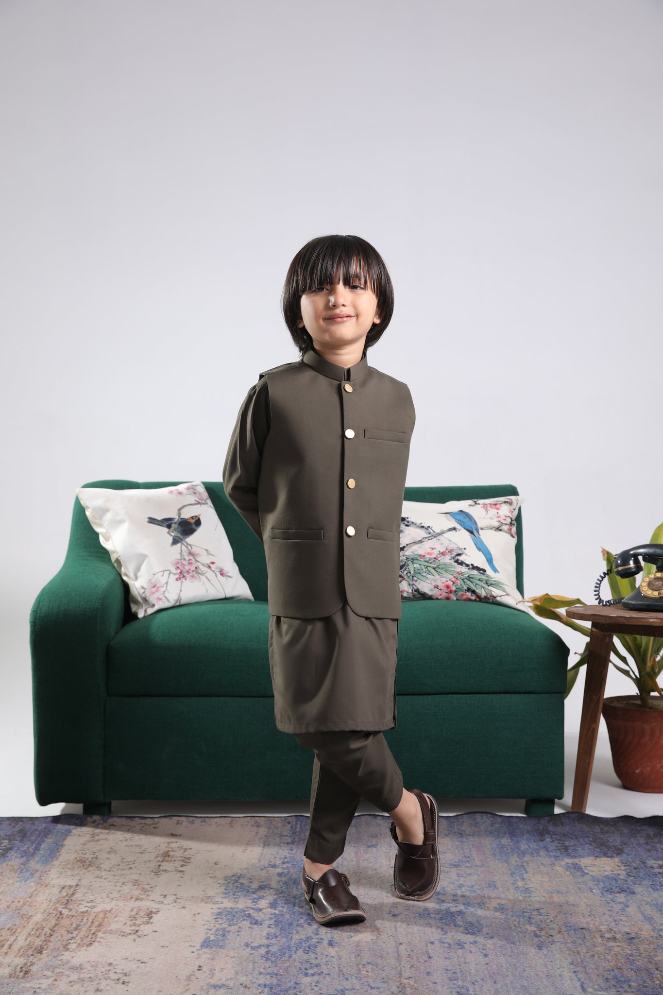 Olive Green Kurta Trouser with Blended Waistcoat - Round Cut Buttoned - Kids