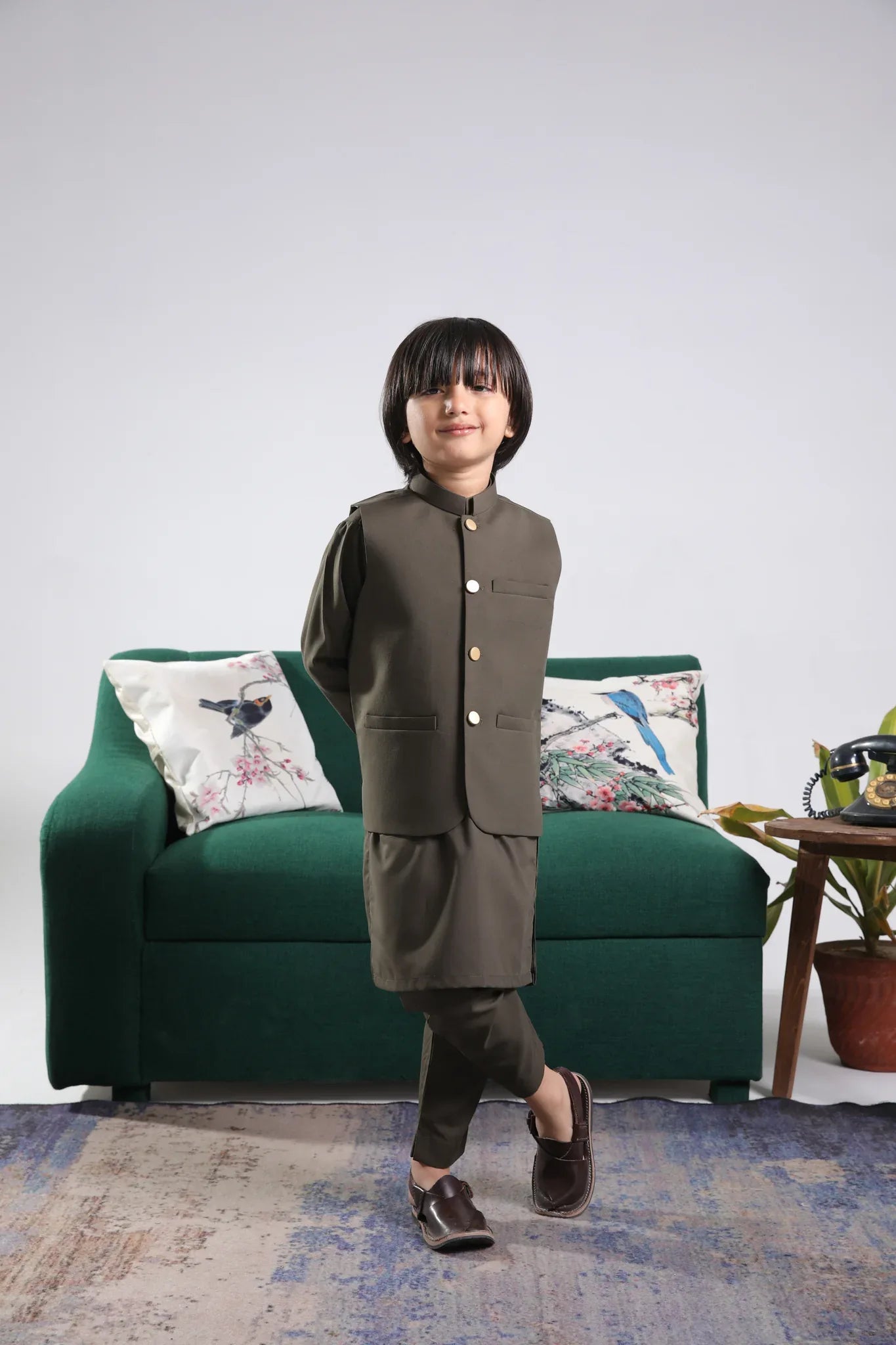 Olive Green Kurta Trouser with Blended Waistcoat - Round Cut Buttoned - Kids - Muraqsh -- Kidswear