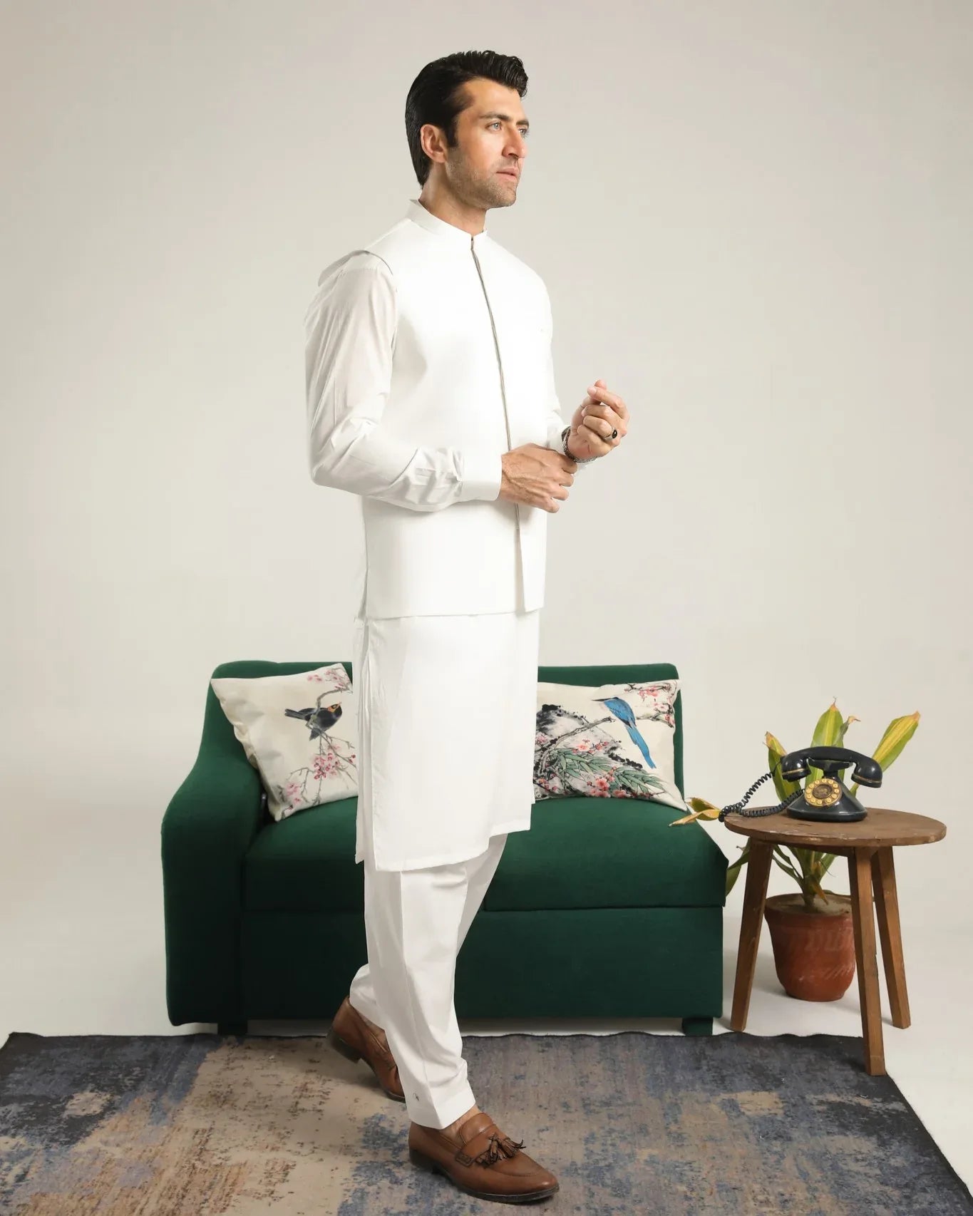 Off White Soft Cotton Kurta Shalwar with Waistcoat - Men - Muraqsh -- Menswear
