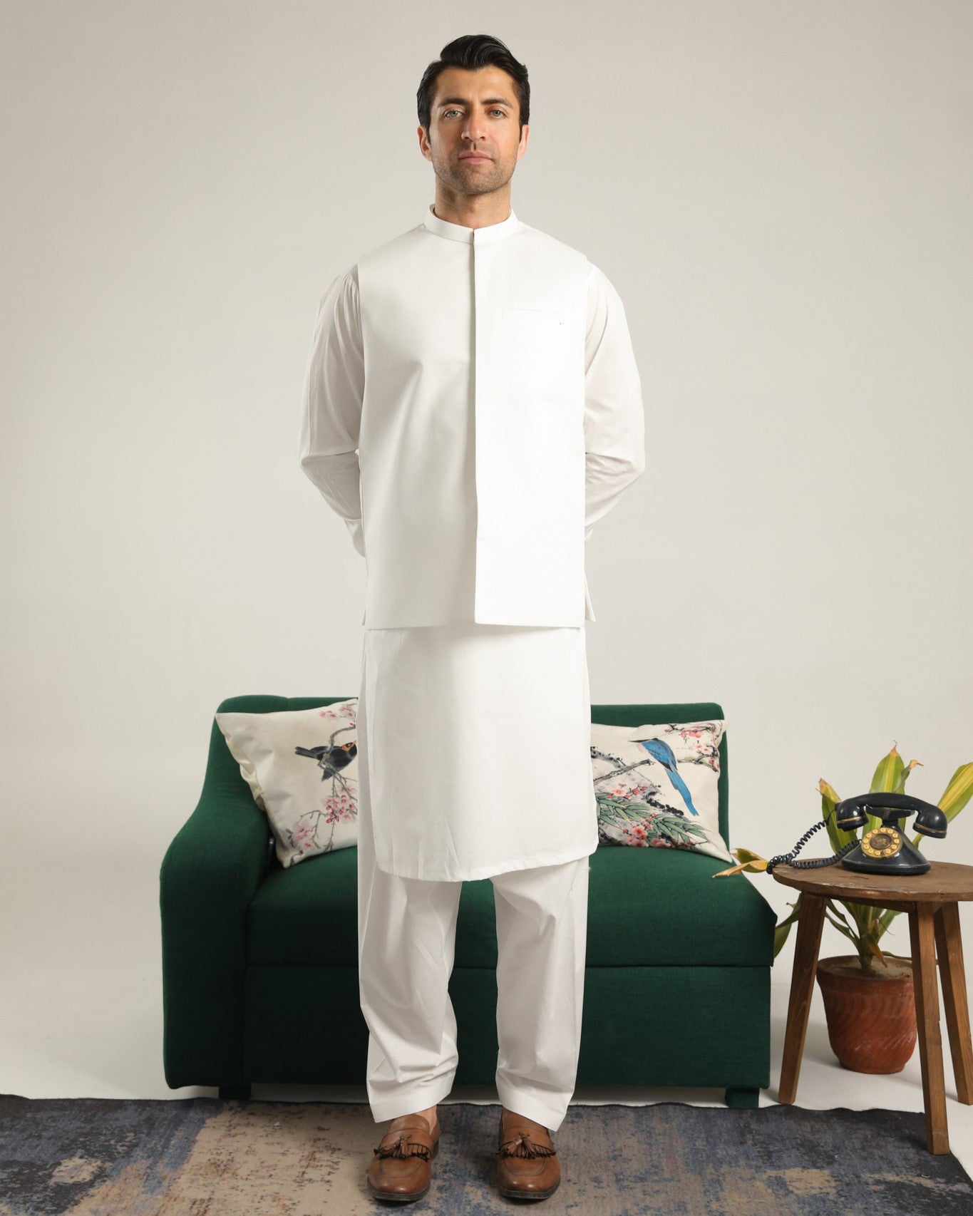 Off White Soft Cotton Kurta Shalwar with Waistcoat - Men