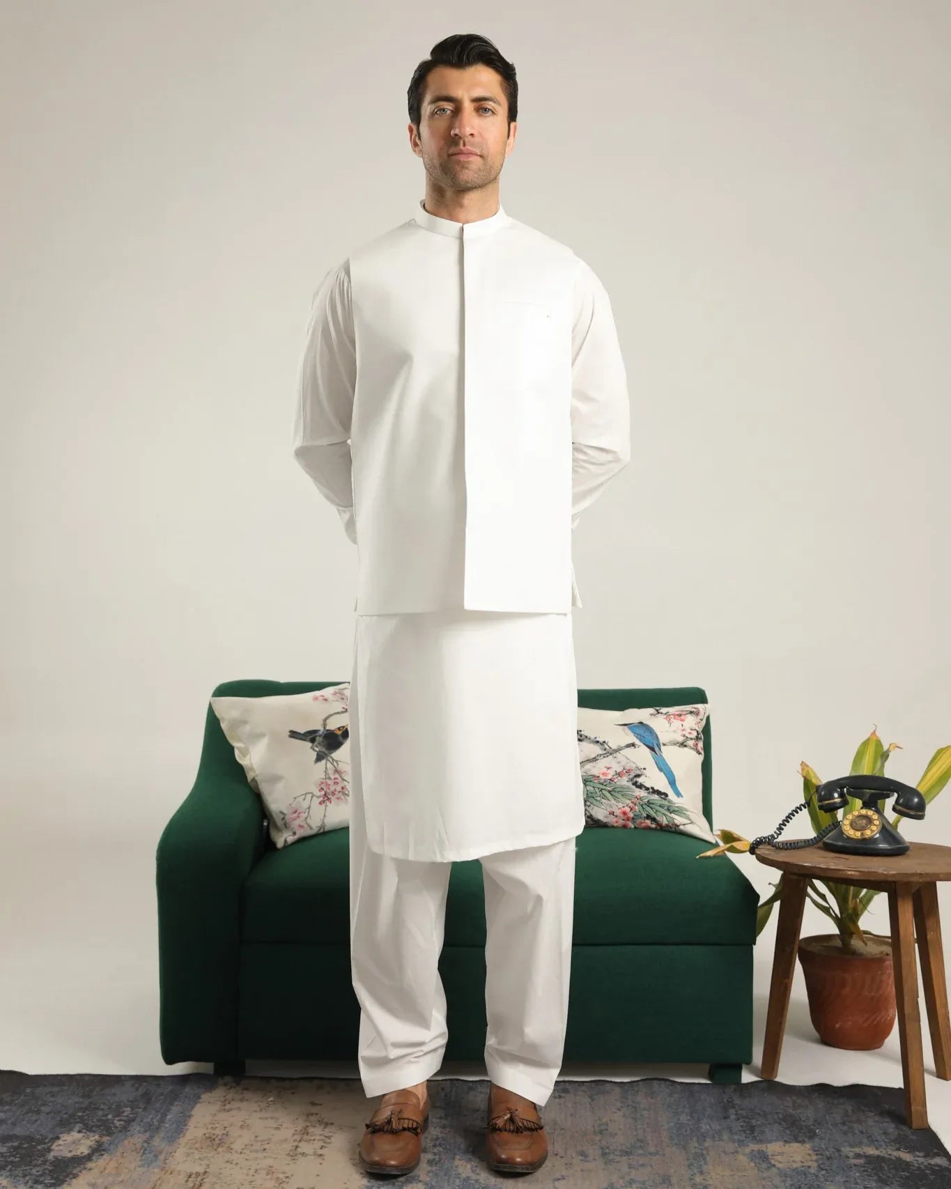 Off White Soft Cotton Kurta Shalwar with Waistcoat - Men - Muraqsh -- Menswear