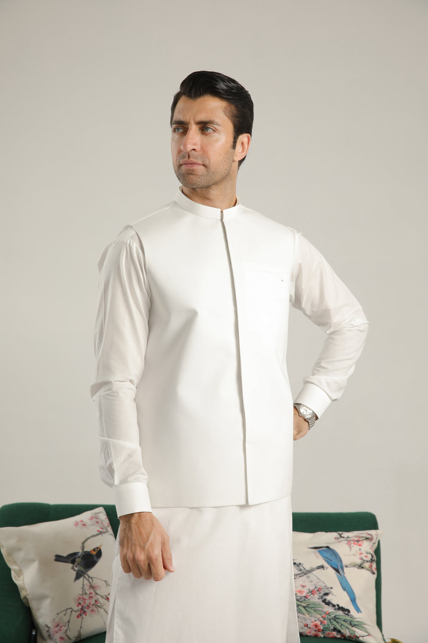 Off White Soft Cotton Kurta Shalwar with Waistcoat - Men