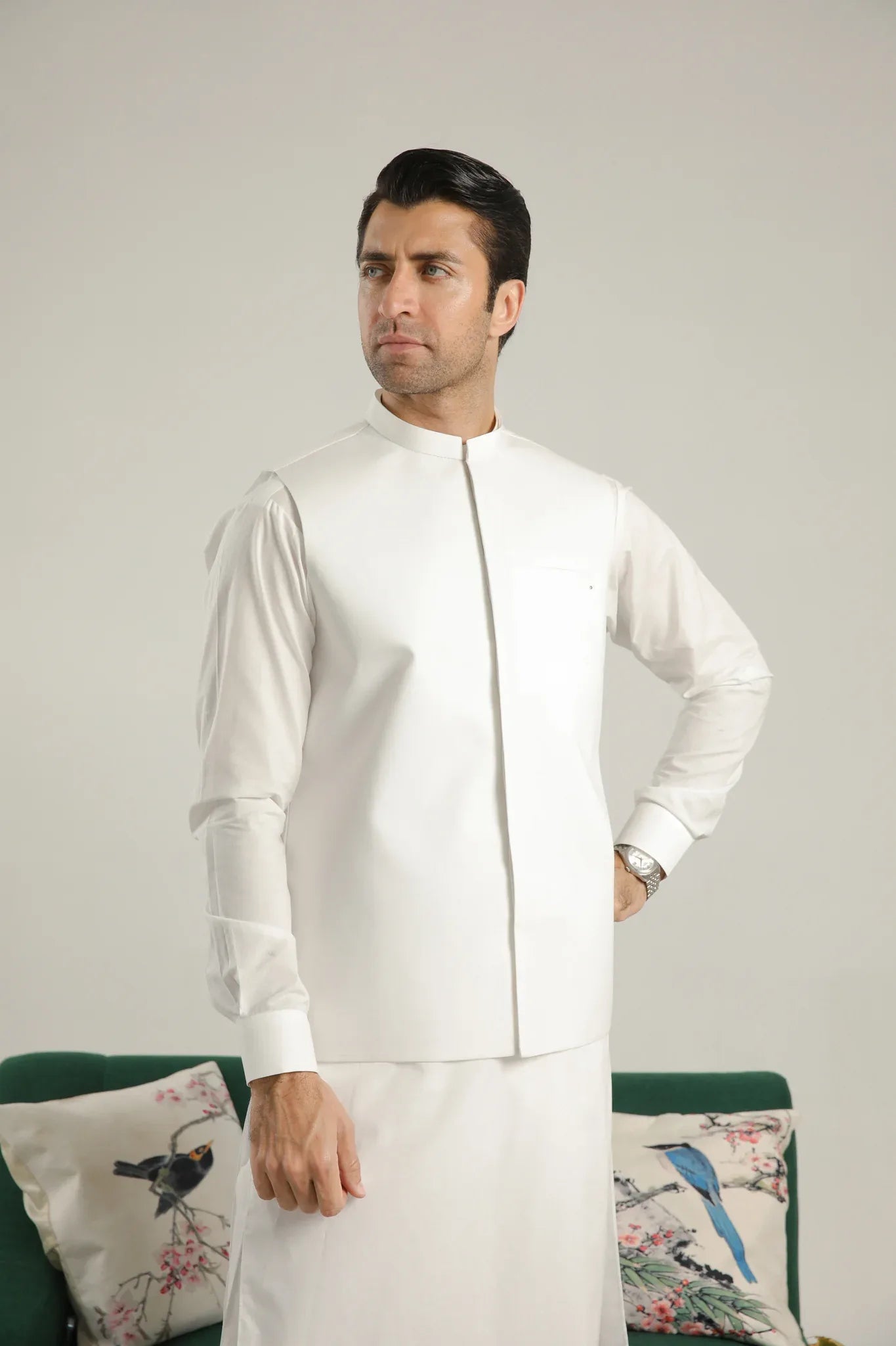 Off White Soft Cotton Kurta Shalwar with Waistcoat - Men - Muraqsh -- Menswear