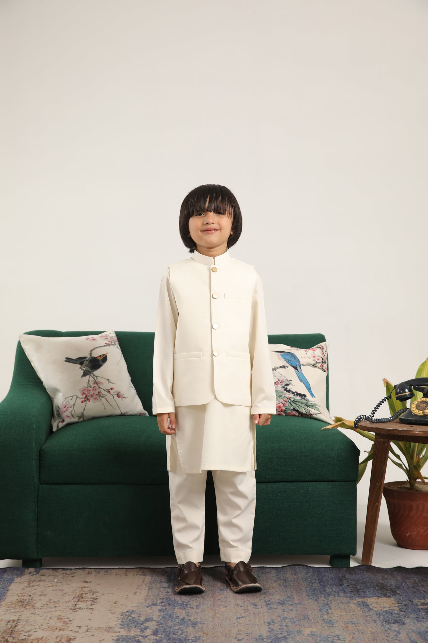 Bosky White Kurta Trouser with Blended Waistcoat - Round Cut Buttoned - Kids
