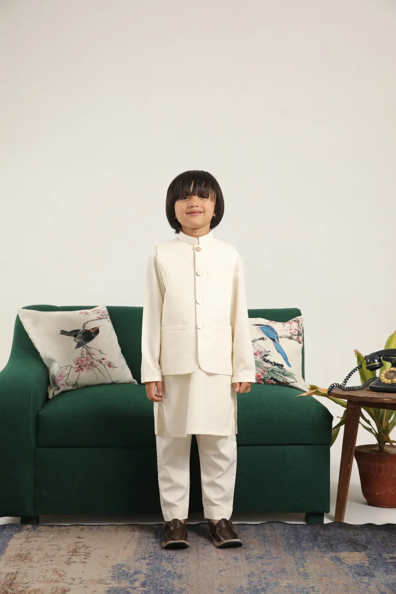 Bosky White Kurta Trouser with Blended Waistcoat - Round Cut Buttoned - Kids - Muraqsh -- Kidswear