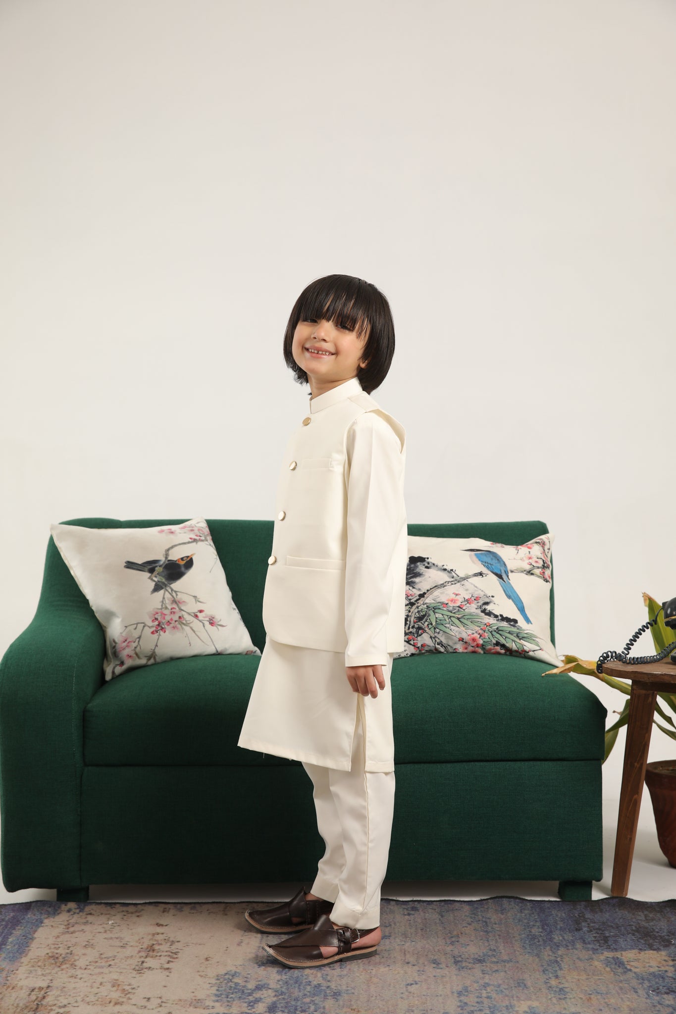 Bosky White Kurta Trouser with Blended Waistcoat - Round Cut Buttoned - Kids