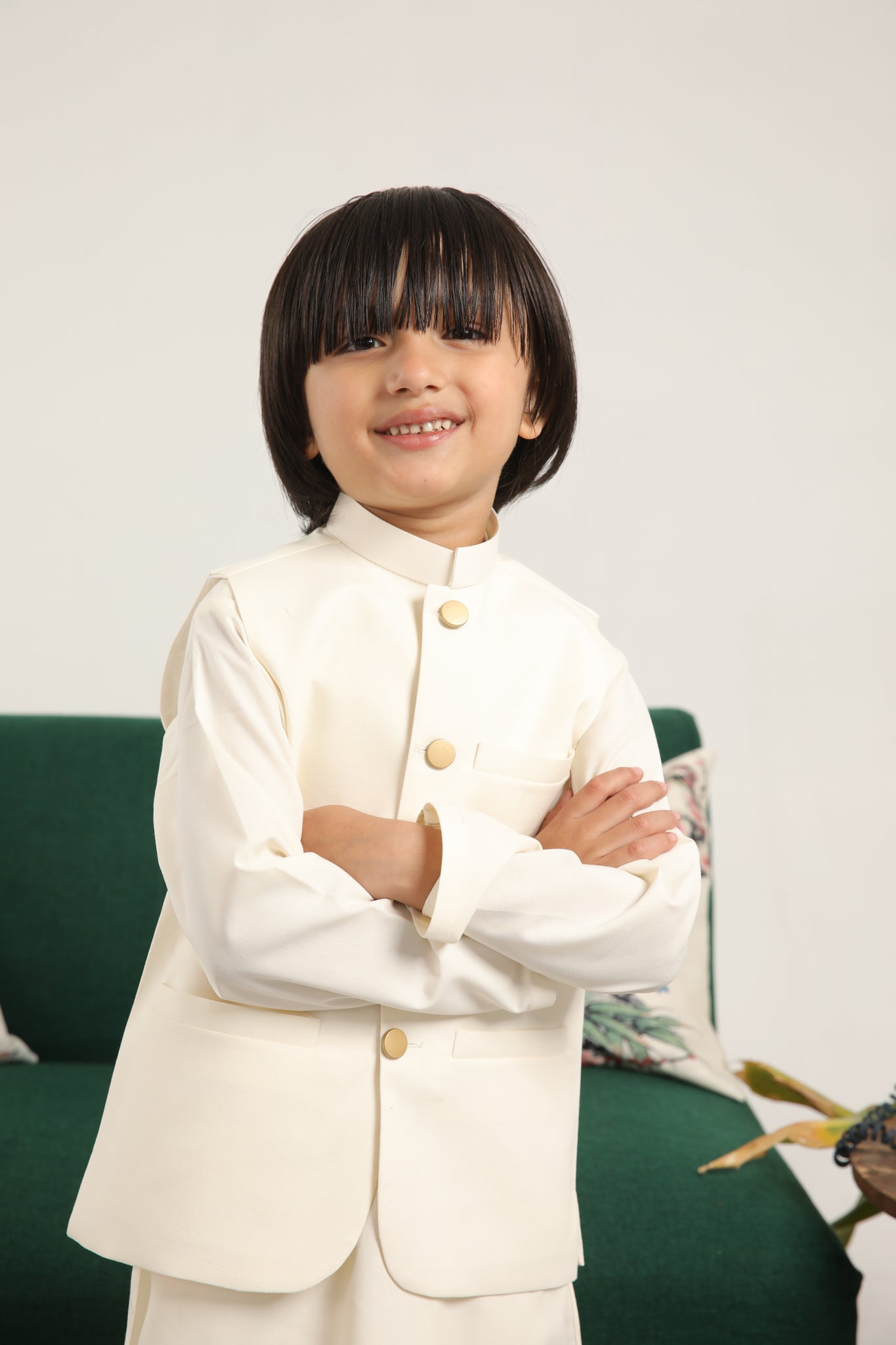 Bosky White Kurta Trouser with Blended Waistcoat - Round Cut Buttoned - Kids