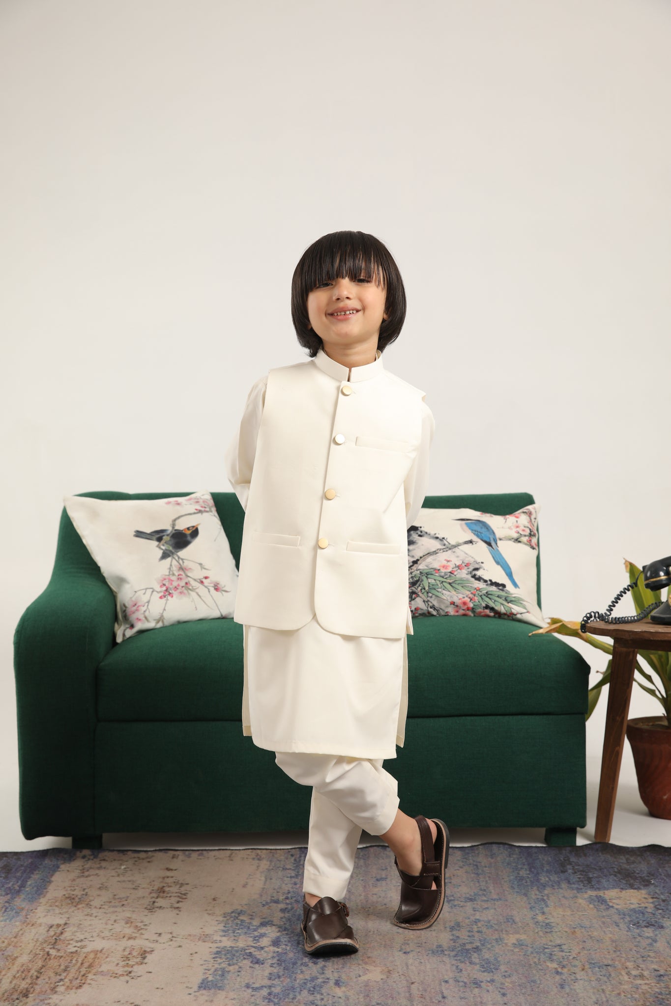 Bosky White Kurta Trouser with Blended Waistcoat - Round Cut Buttoned - Kids