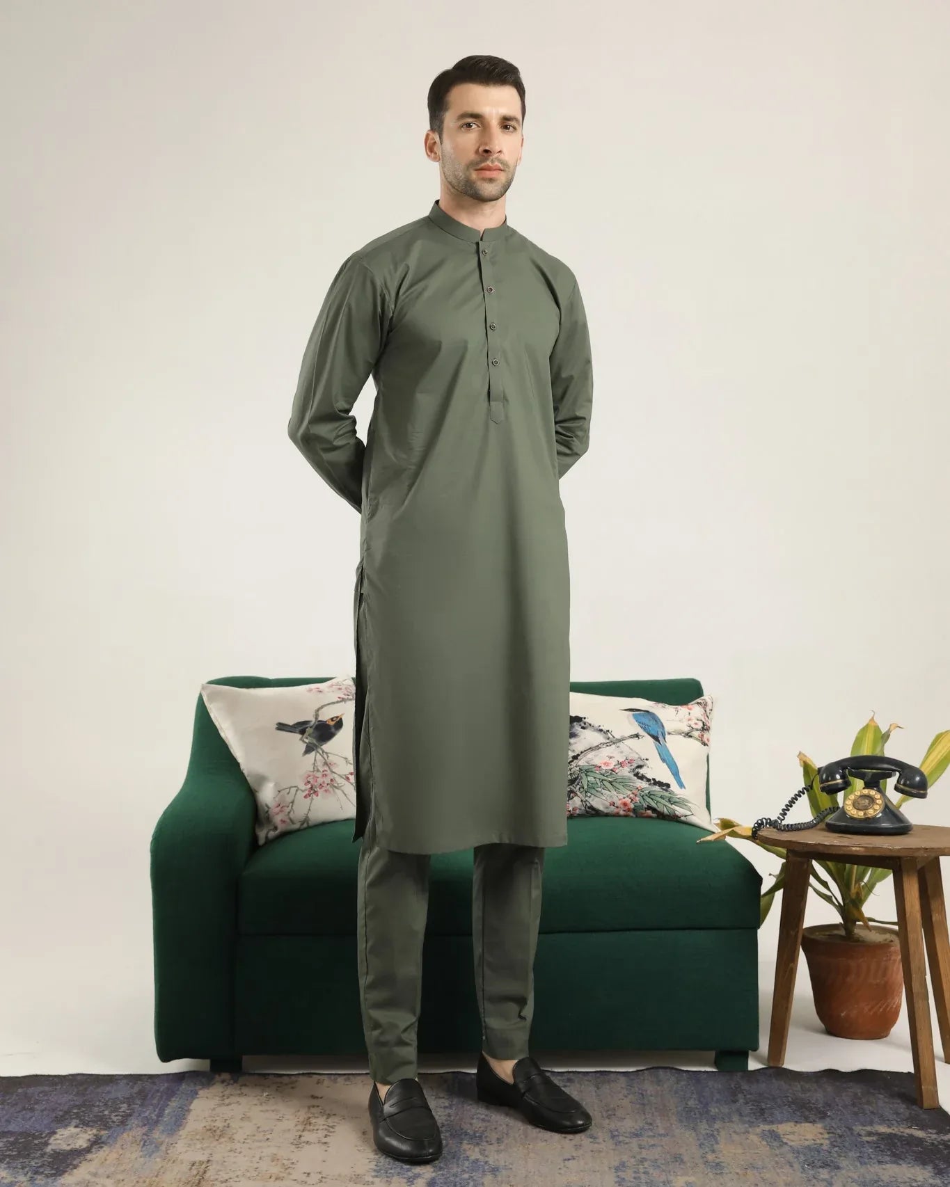 Army Green Soft Cotton Kurta Trouser - Men - Muraqsh -- Menswear