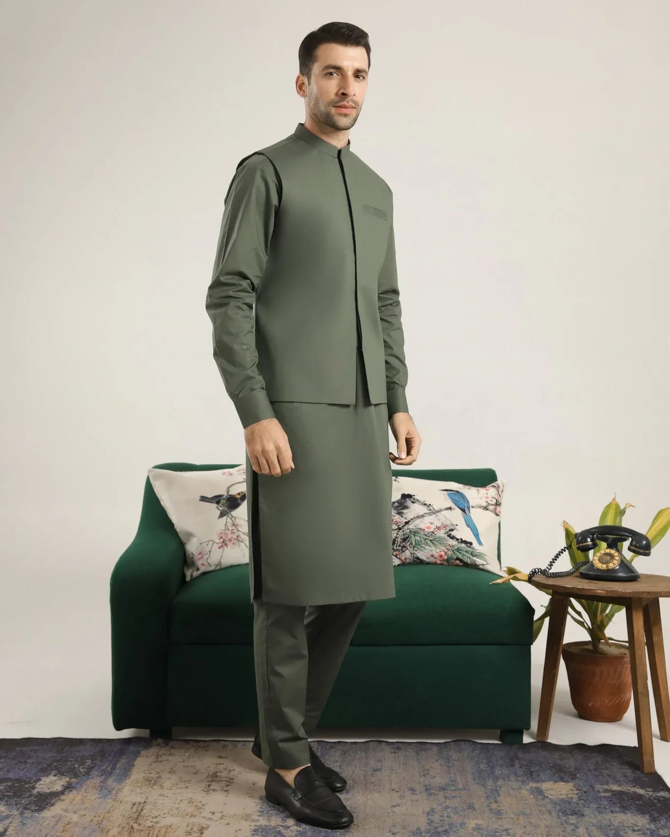 Muraqsh Ready To Wear Solids Cotton Men Black Kurta Trouser with Army Green Suiting Waistcoat Round Cut MURP-AG-KS - Summer Collection