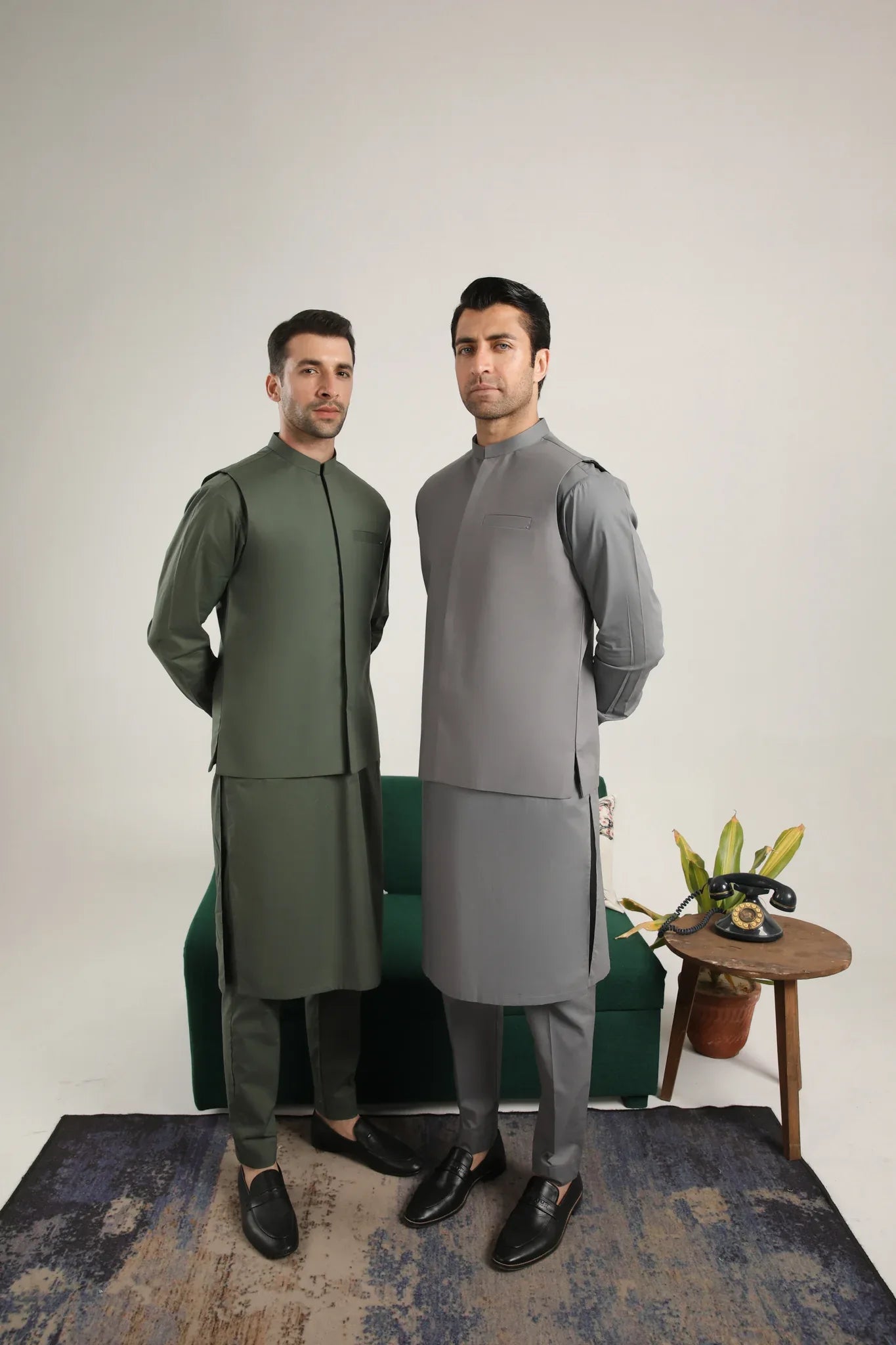 Army Green Soft Cotton Kurta Trouser with Waistcoat - Men - Muraqsh -- Menswear