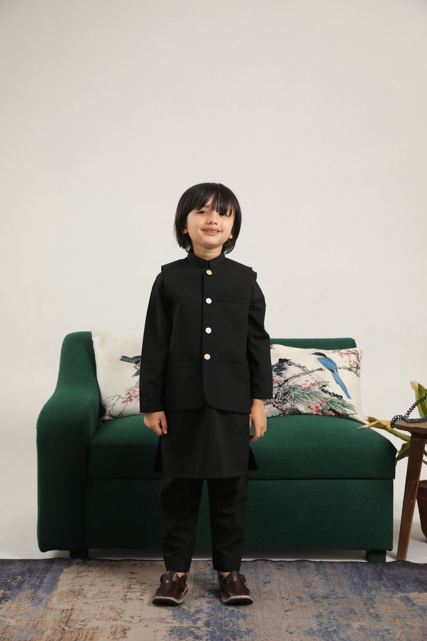 Black Kurta Trouser with Blended Waistcoat - Round Cut Buttoned - Kids