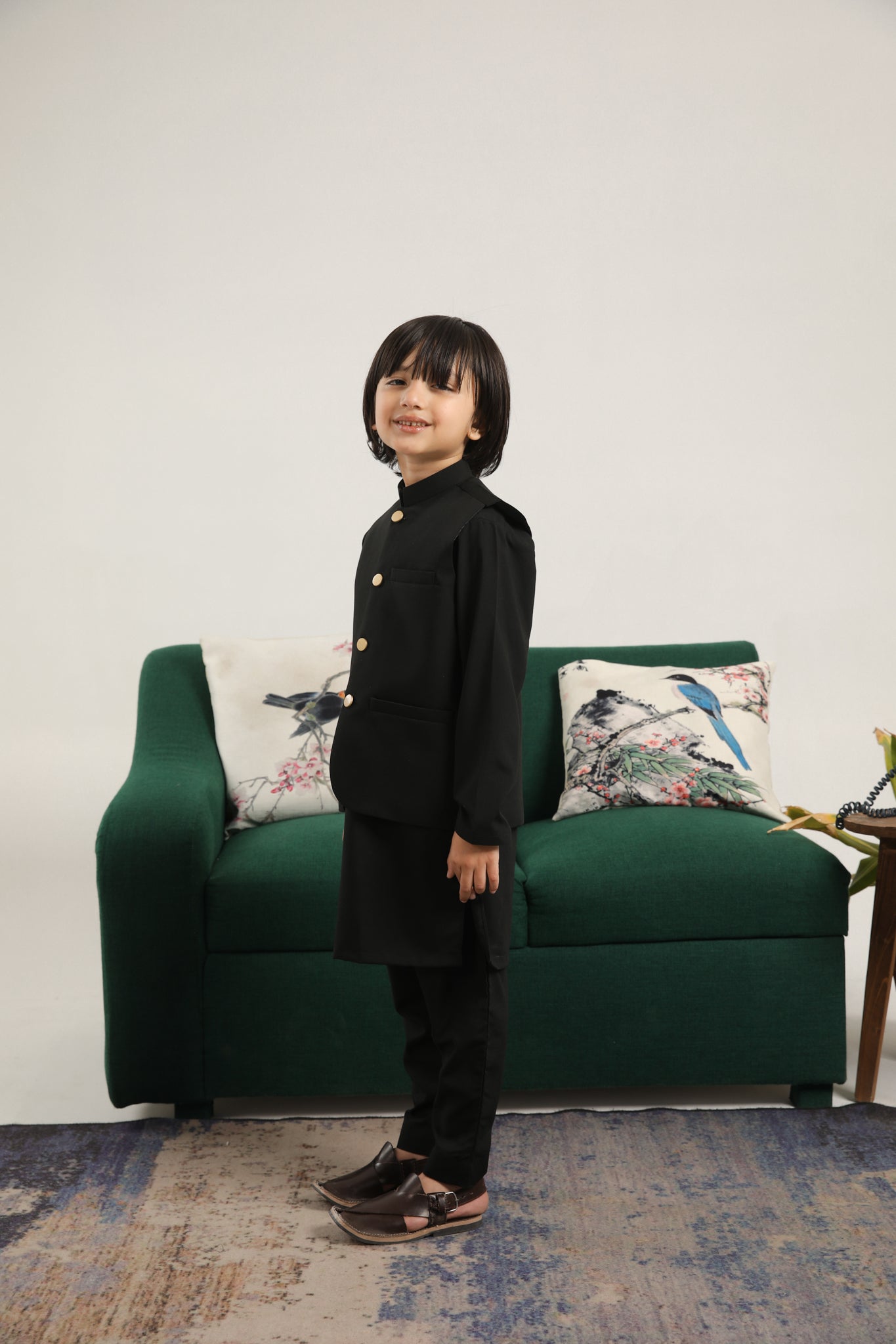 Black Kurta Trouser with Blended Waistcoat - Round Cut Buttoned - Kids