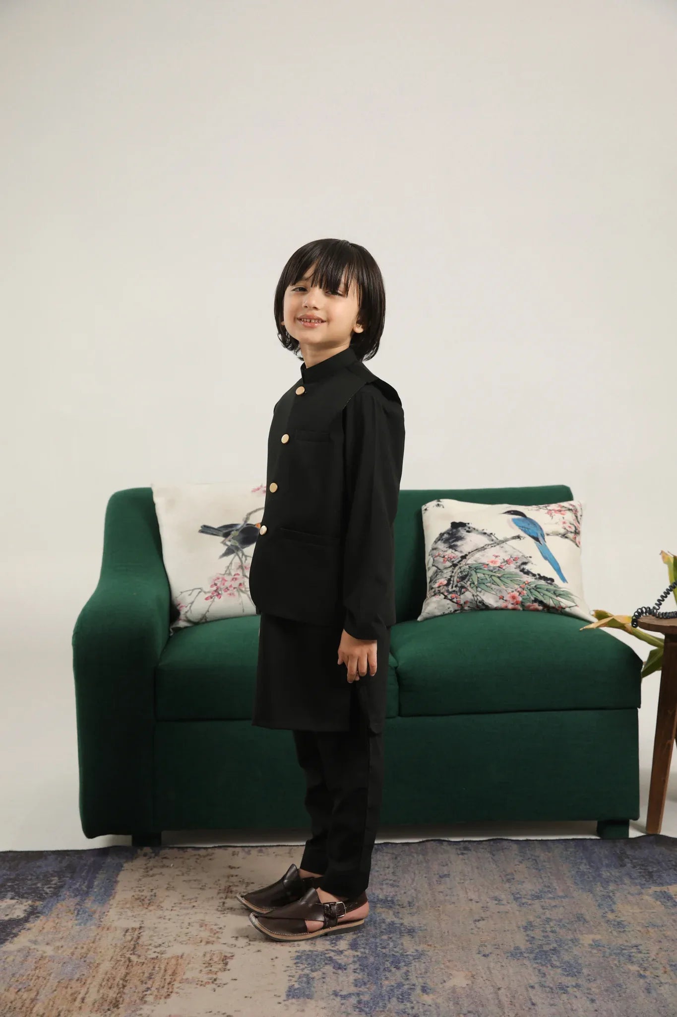 Black Kurta Trouser with Blended Waistcoat - Round Cut Buttoned - Kids - Muraqsh -- Kidswear