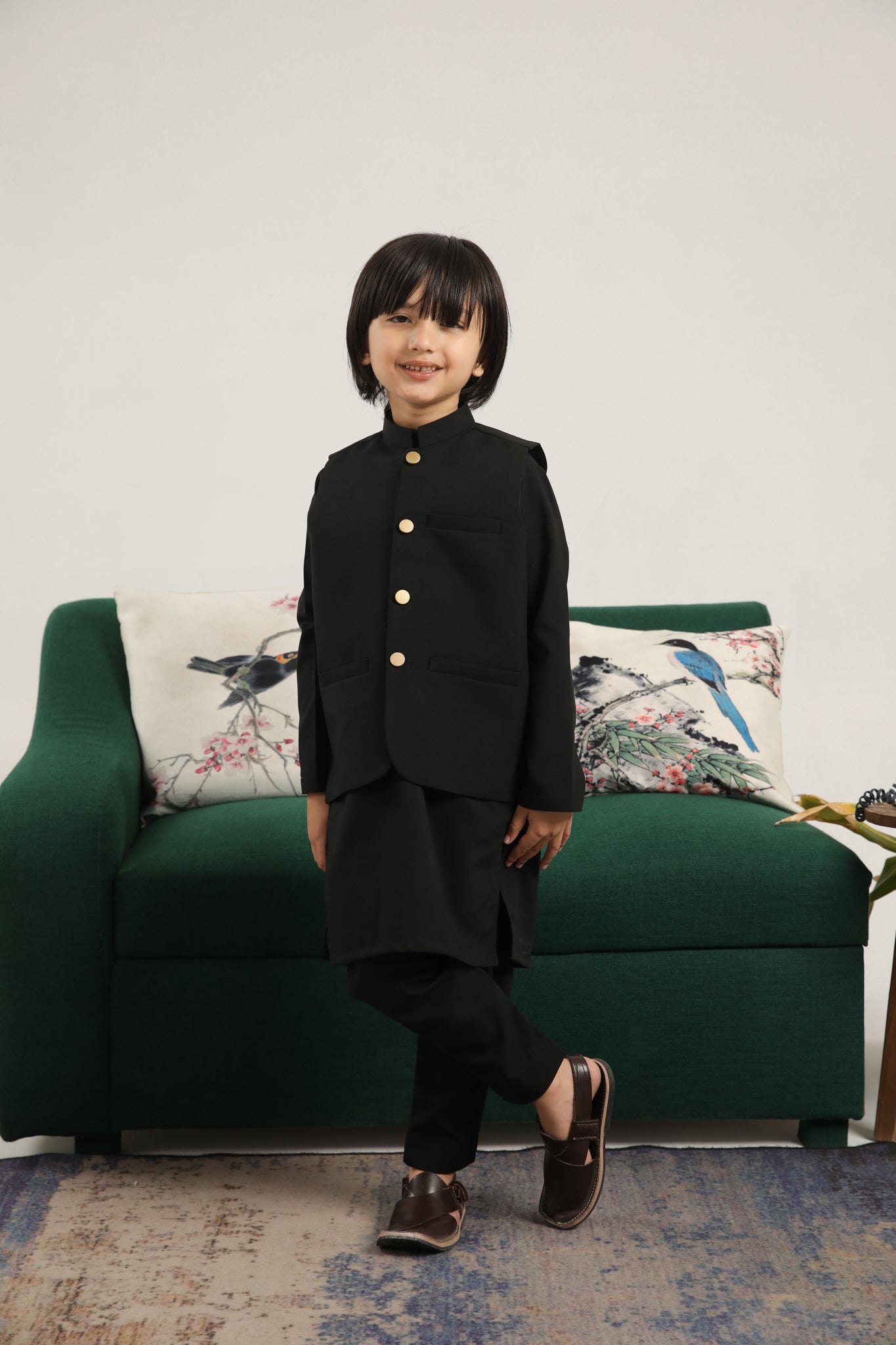Black Kurta Trouser with Blended Waistcoat - Round Cut Buttoned - Kids