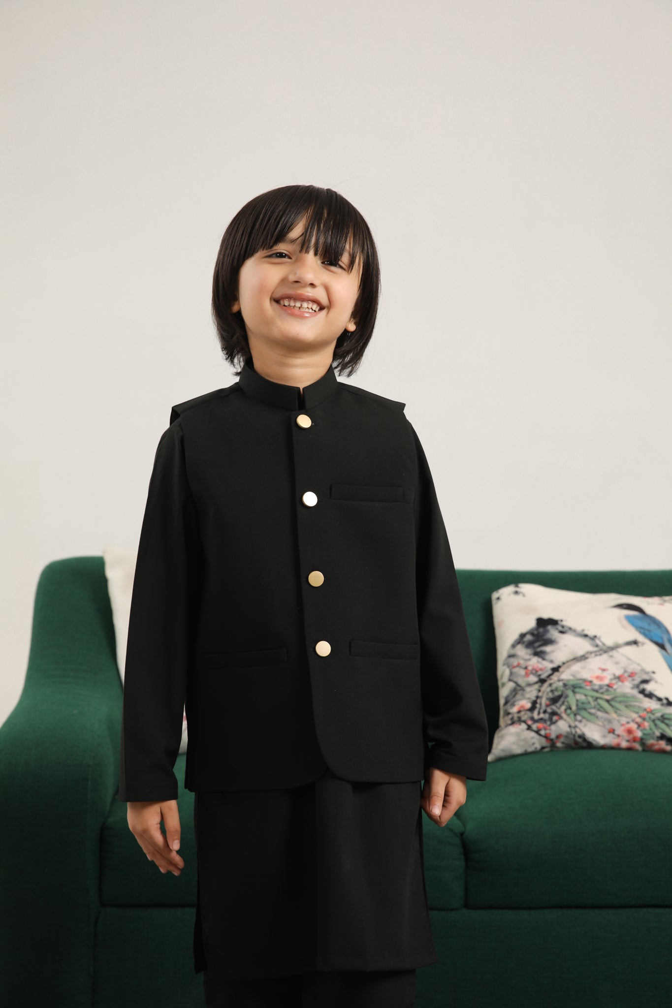 Black Kurta Trouser with Blended Waistcoat - Round Cut Buttoned - Kids