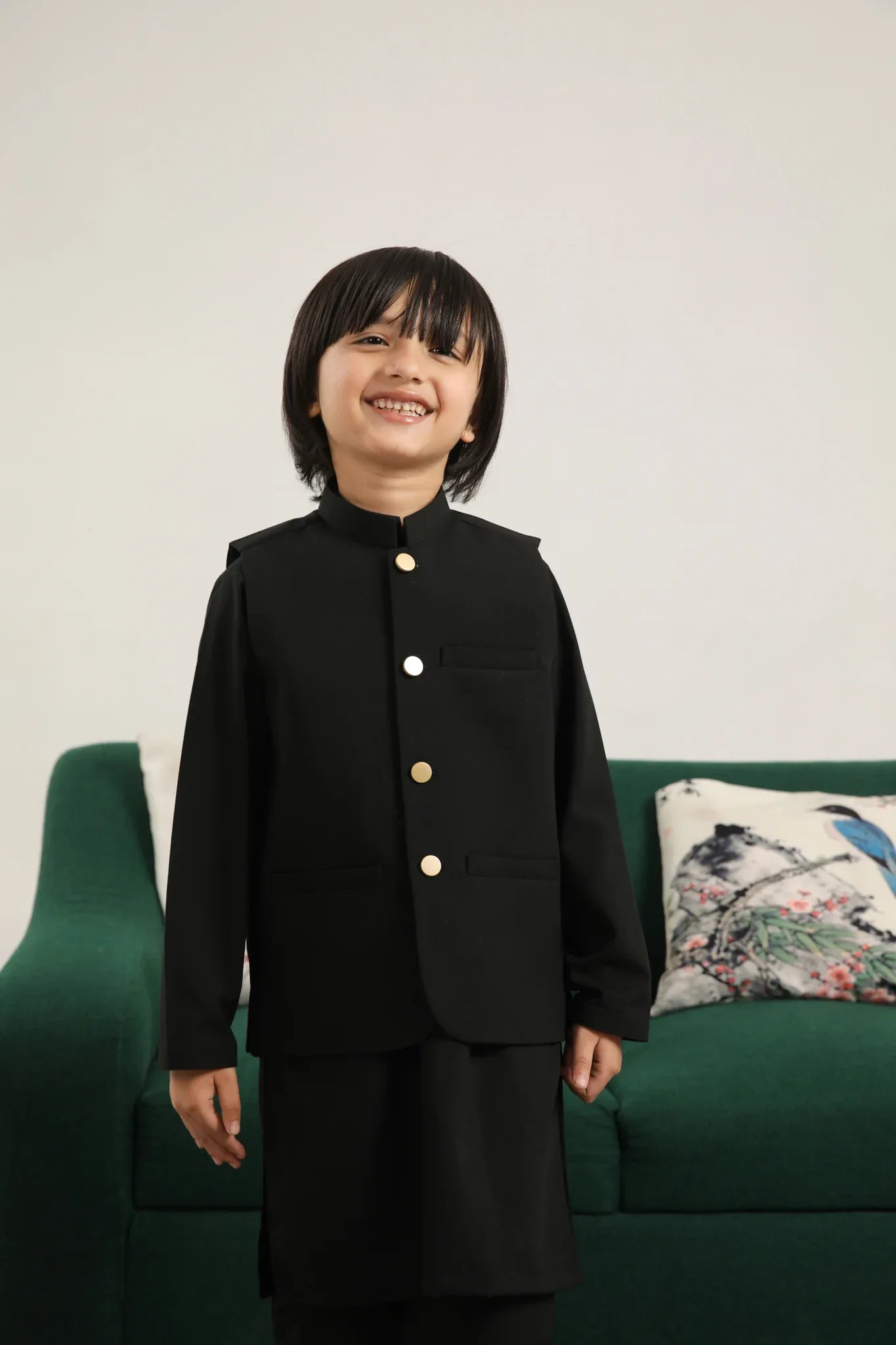 Black Kurta Trouser with Blended Waistcoat - Round Cut Buttoned - Kids - Muraqsh -- Kidswear