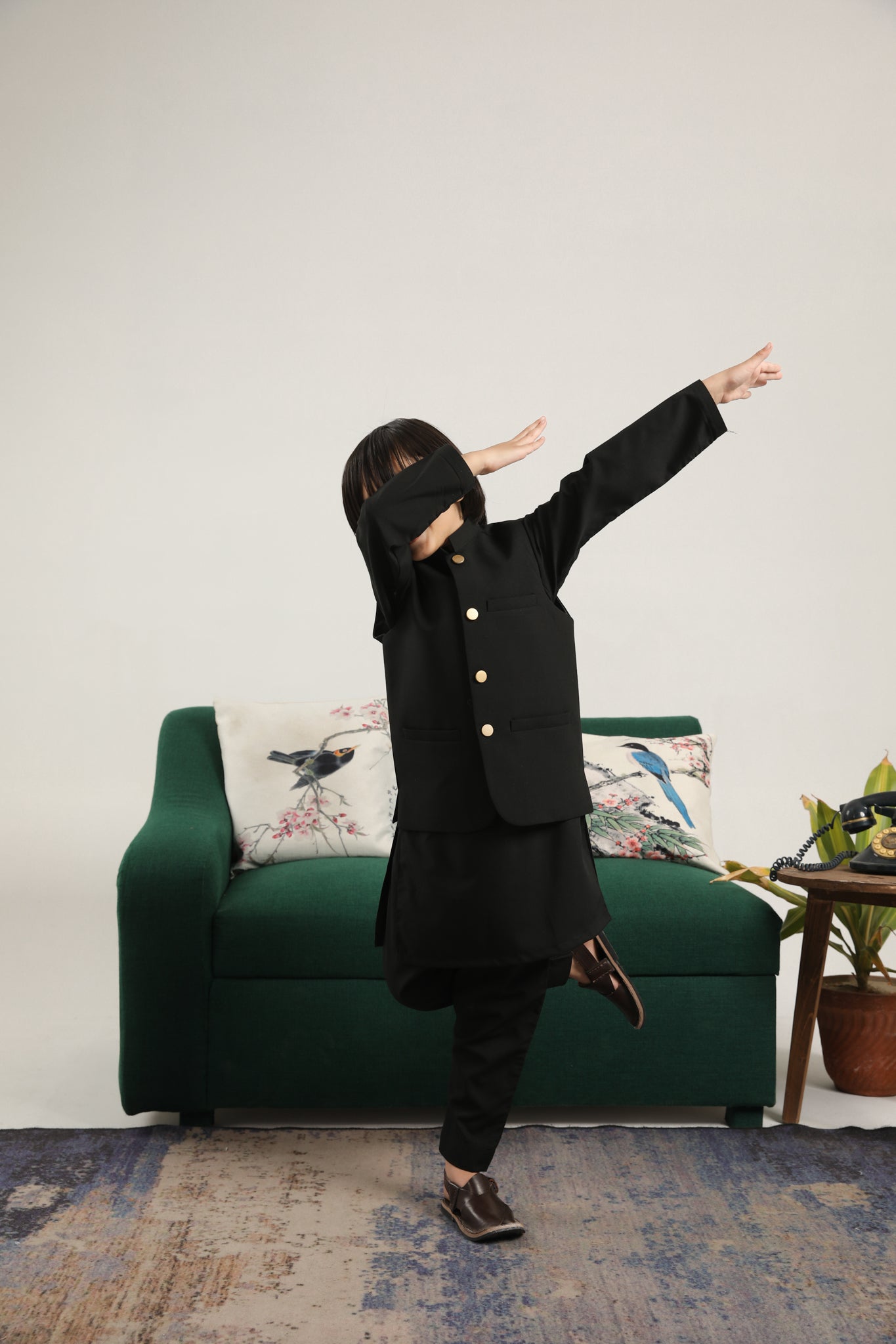 Black Kurta Trouser with Blended Waistcoat - Round Cut Buttoned - Kids