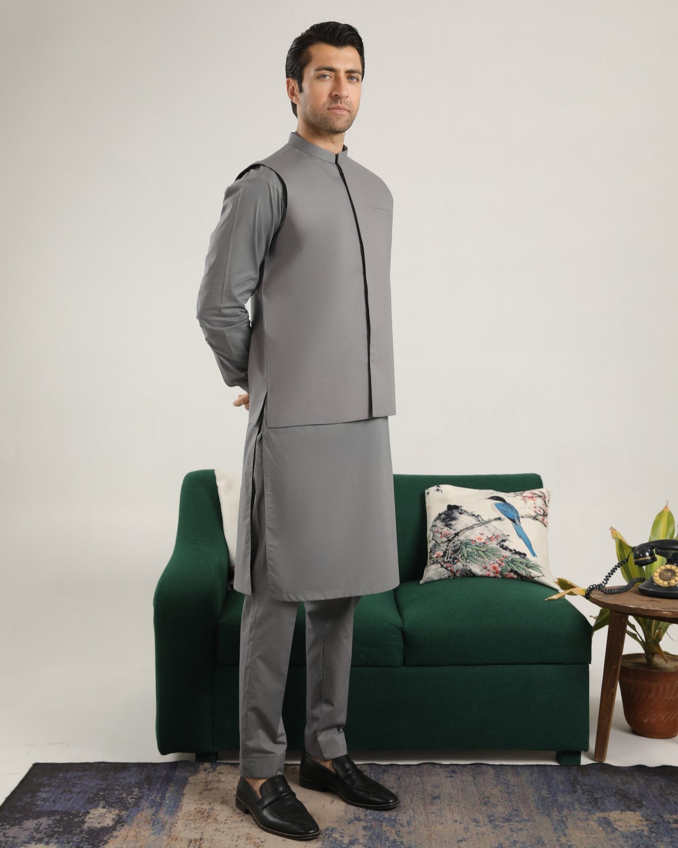 Light Grey Soft Cotton Kurta Trouser with Waistcoat - Men