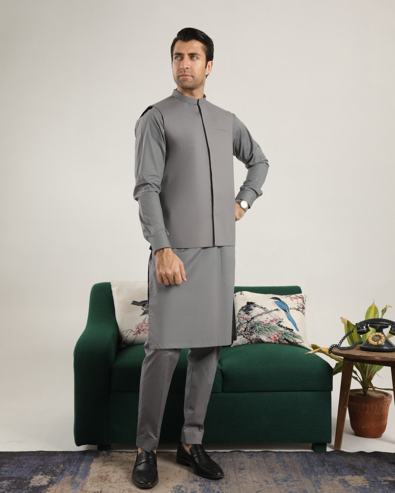 Light Grey Soft Cotton Kurta Trouser with Waistcoat - Men