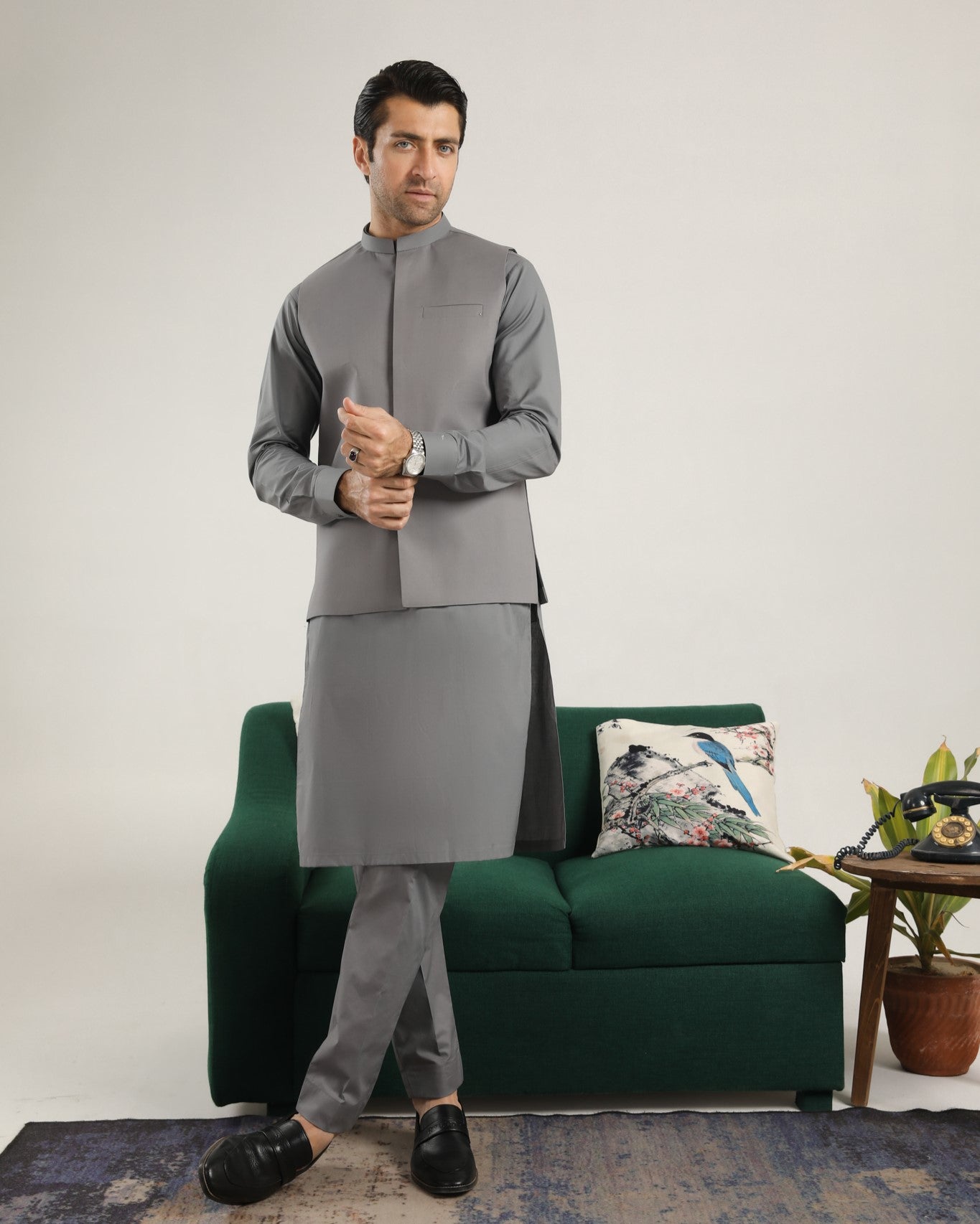 Light Grey Soft Cotton Kurta Trouser with Waistcoat - Men