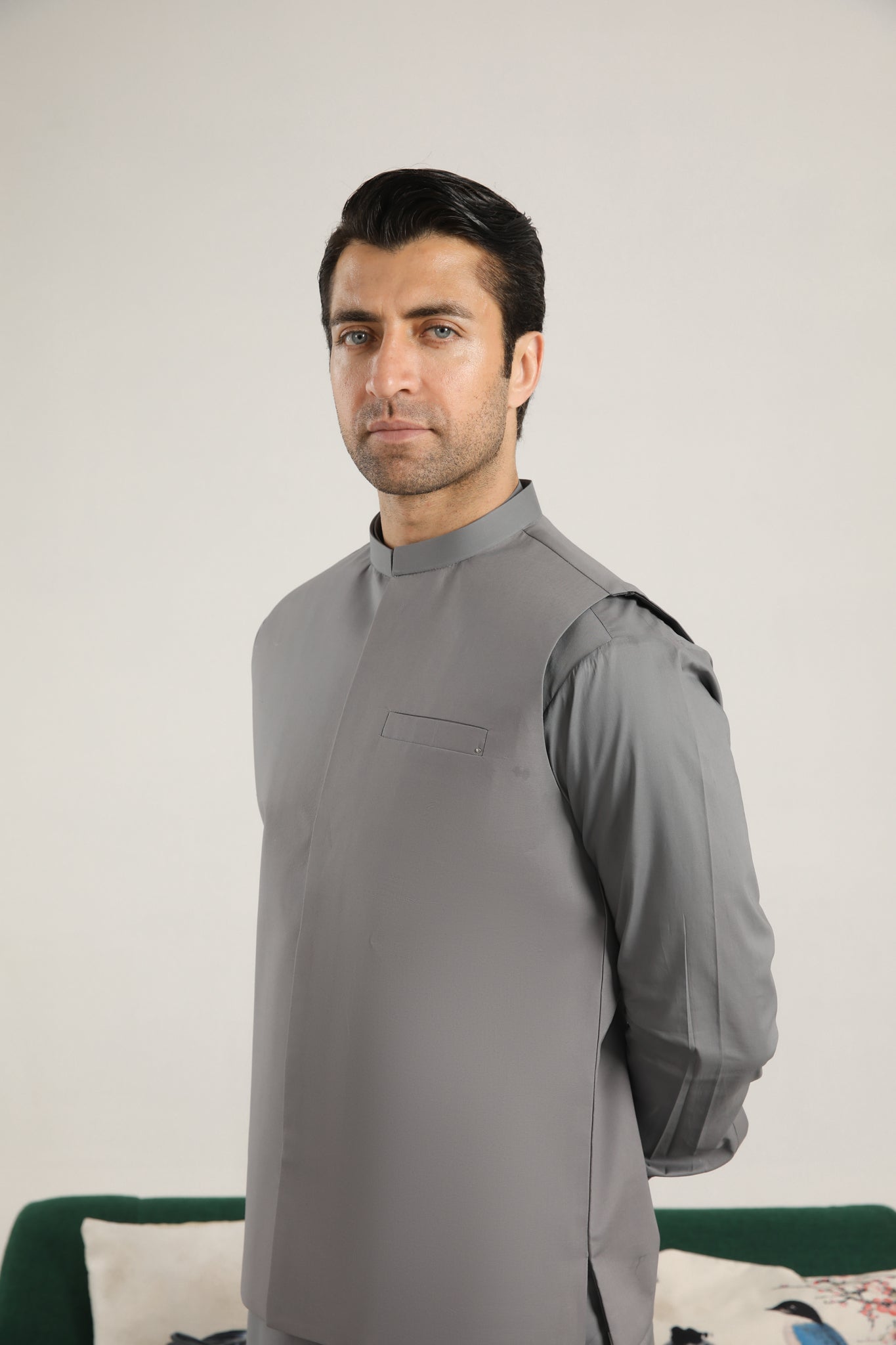 Light Grey Soft Cotton Kurta Trouser with Waistcoat - Men