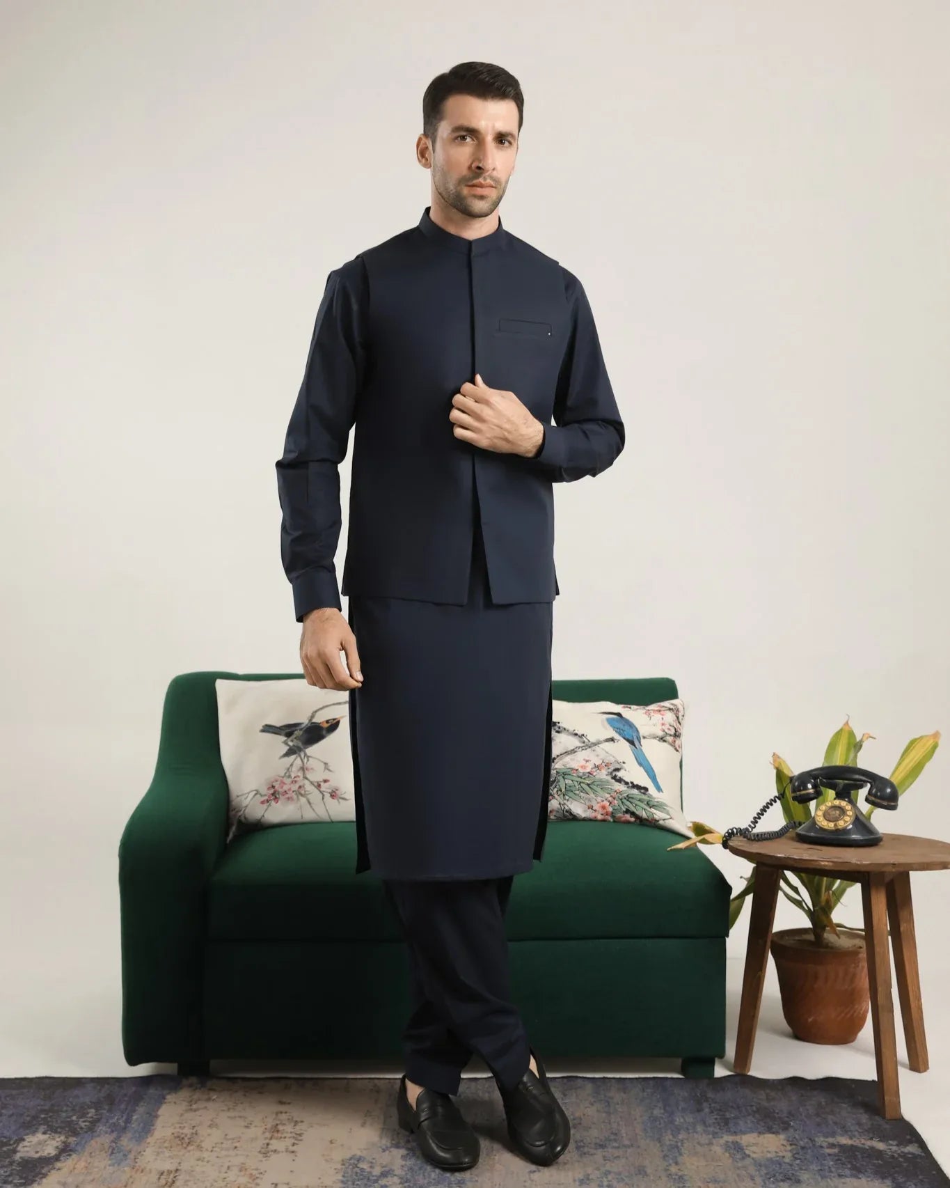 Dark Navy Blue Soft Cotton Kurta Shalwar with Waistcoat - Men - Muraqsh -- Menswear