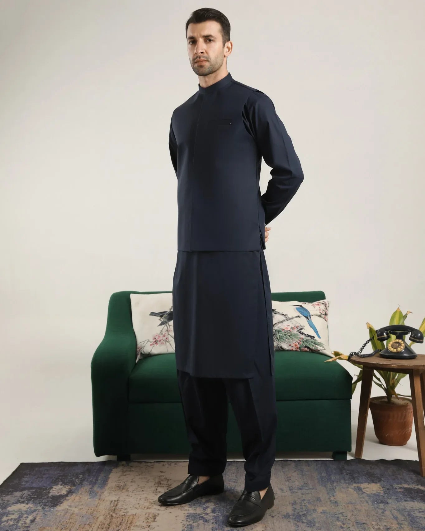 Dark Navy Blue Soft Cotton Kurta Shalwar with Waistcoat - Men - Muraqsh -- Menswear