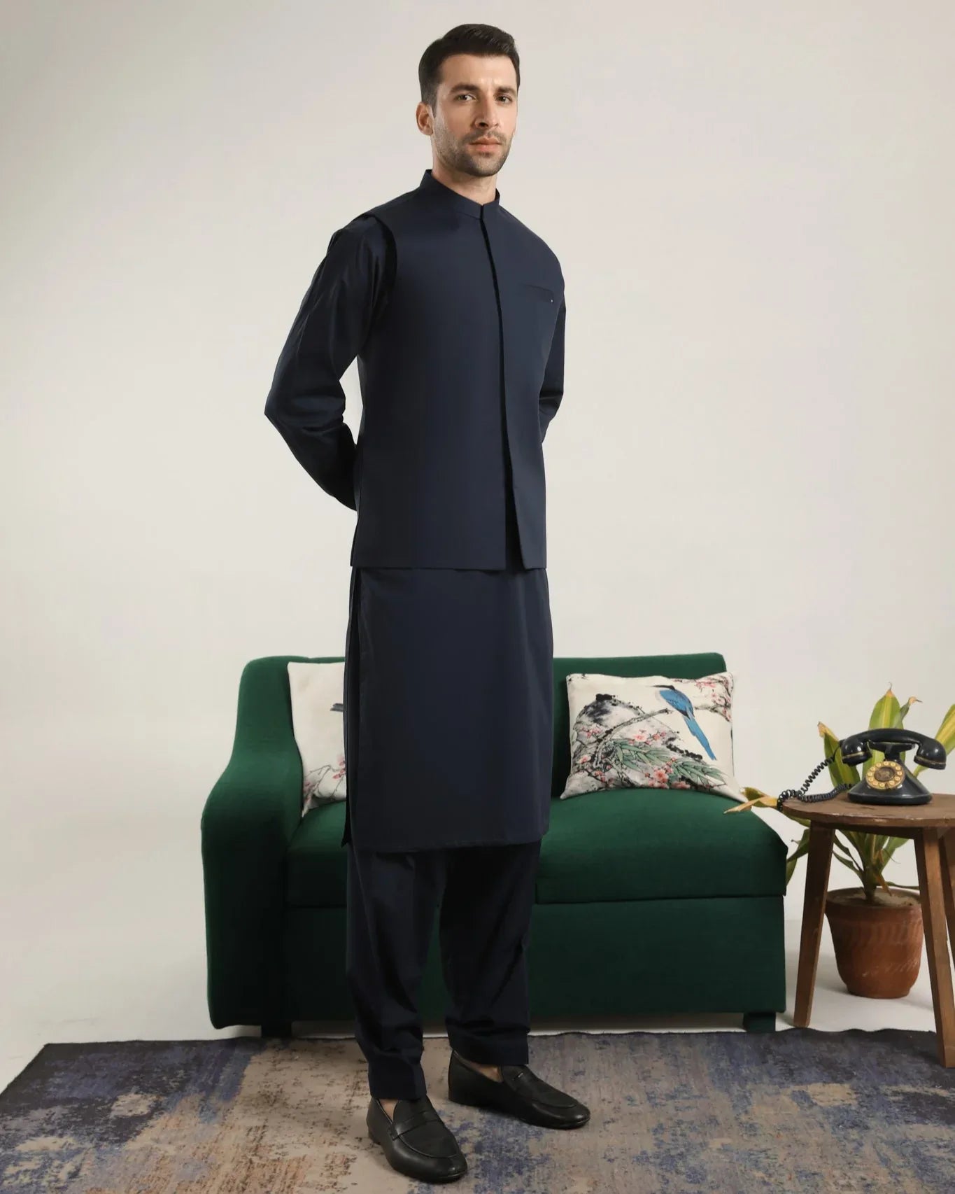 Dark Navy Blue Soft Cotton Kurta Shalwar with Waistcoat - Men - Muraqsh -- Menswear
