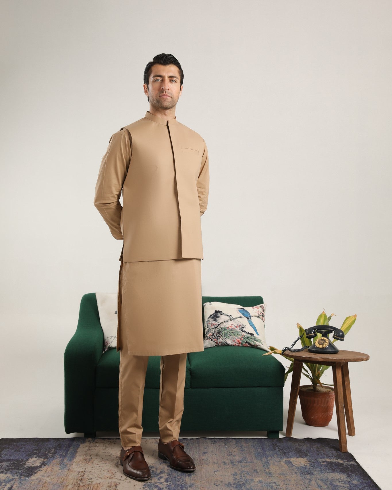 Camel Cotton Soft Kurta Trouser with Waistcoat - Men