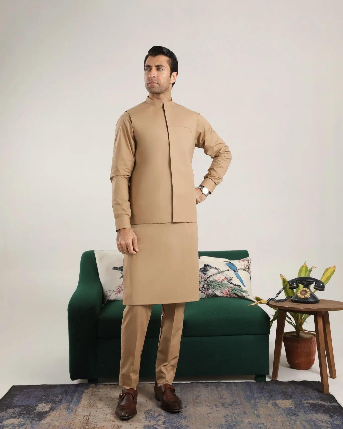 Camel Cotton Soft Kurta Trouser with Waistcoat - Men - Muraqsh -- Menswear
