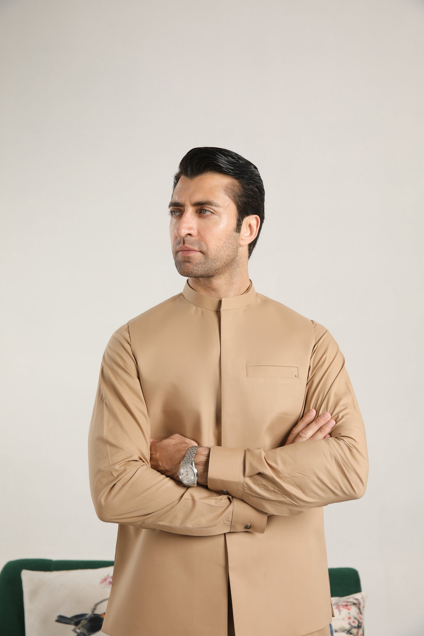 Camel Cotton Soft Kurta Trouser with Waistcoat - Men