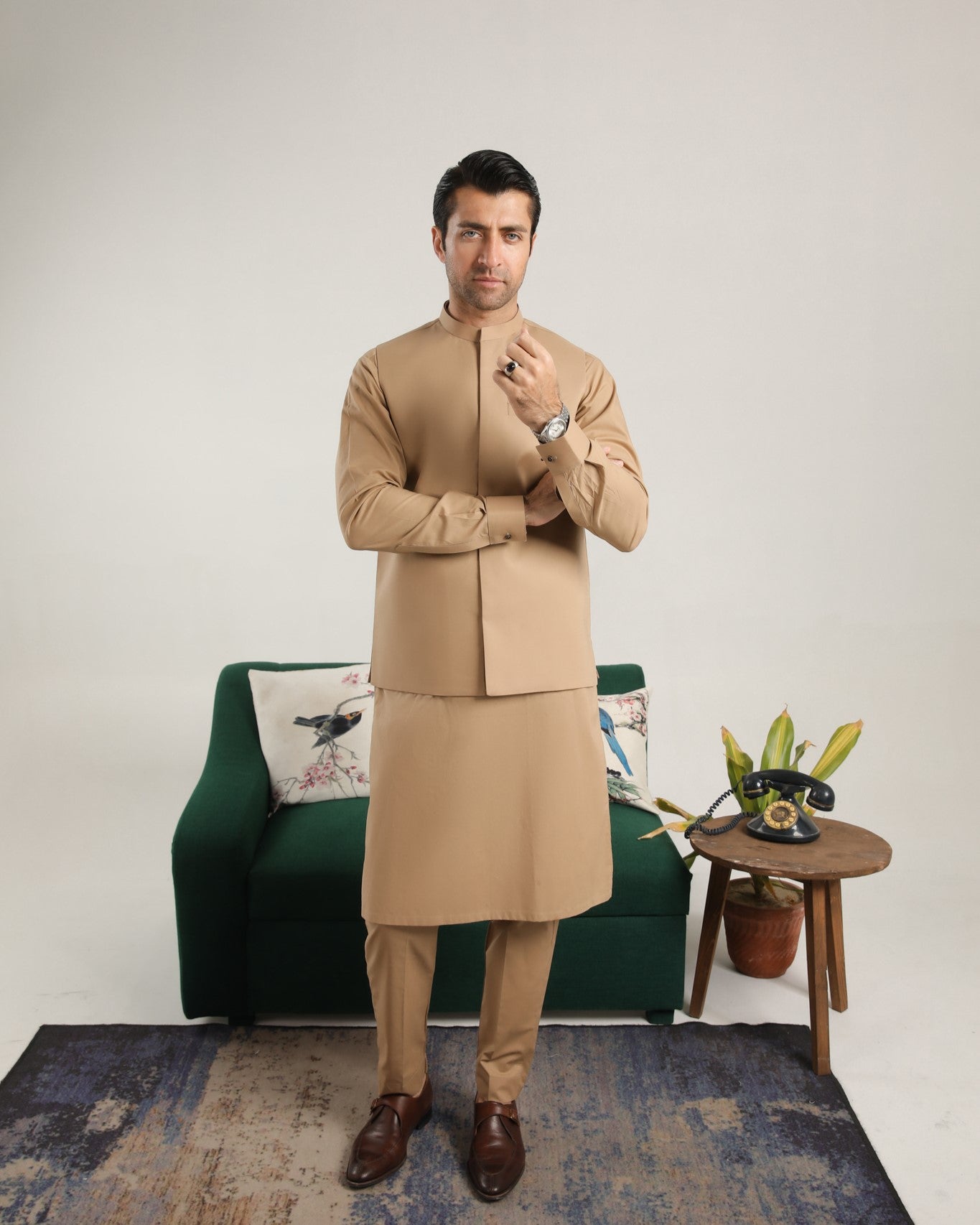 Camel Cotton Soft Kurta Trouser with Waistcoat - Men