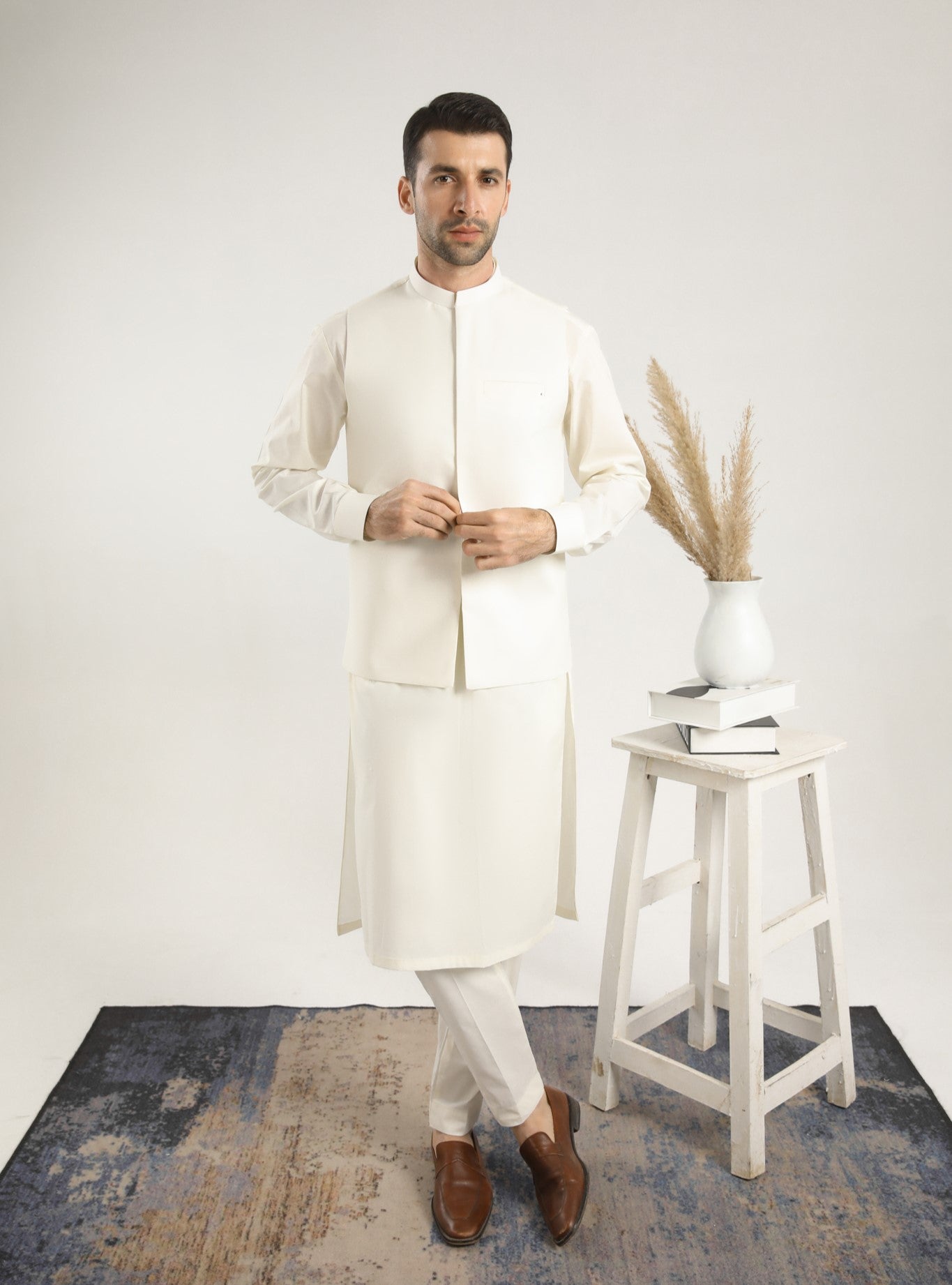 Bosky White Soft Cotton Kurta Trouser with Waistcoat - Men