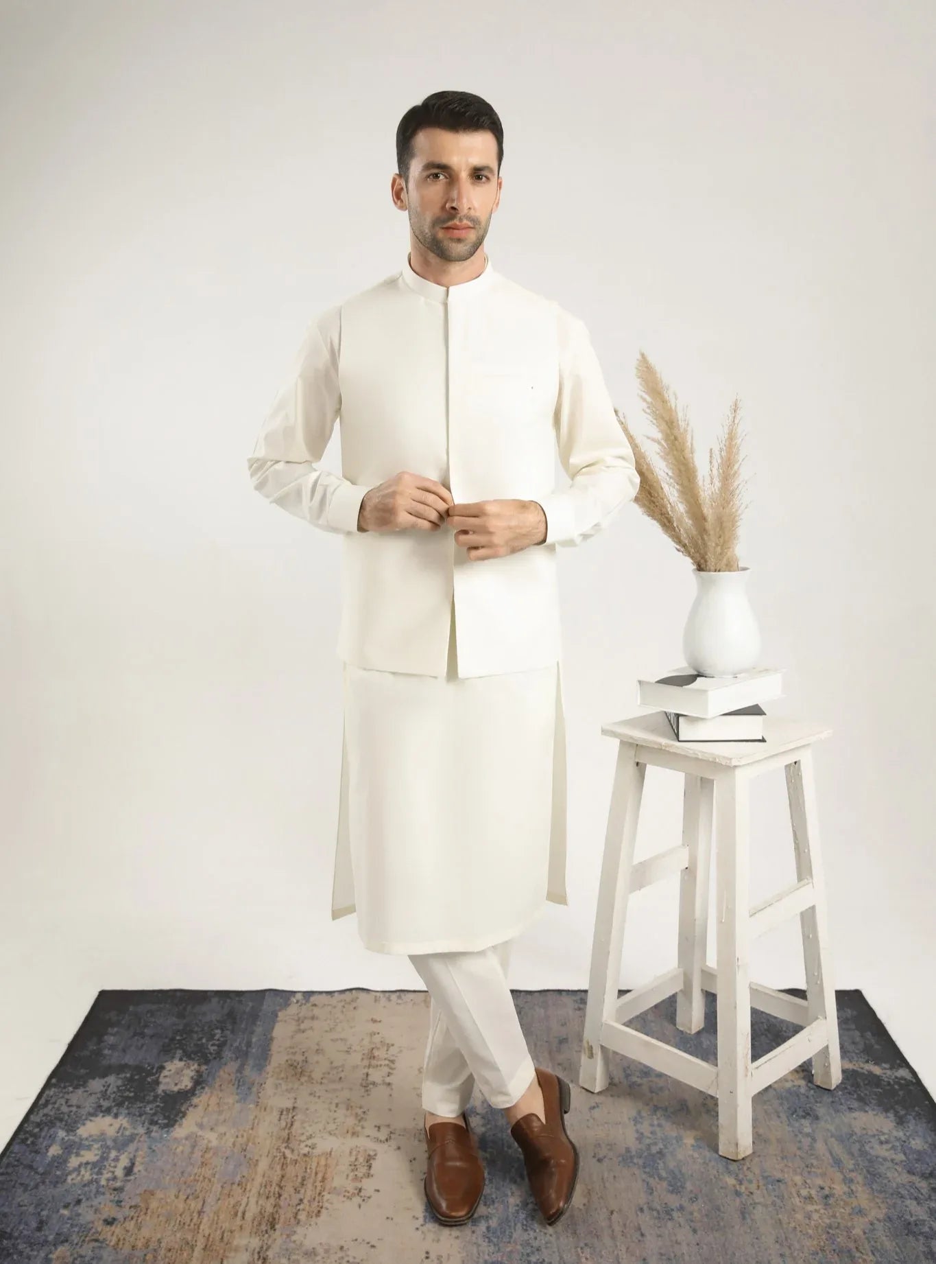 Bosky White Soft Cotton Kurta Trouser with Waistcoat - Men - Muraqsh -- Menswear