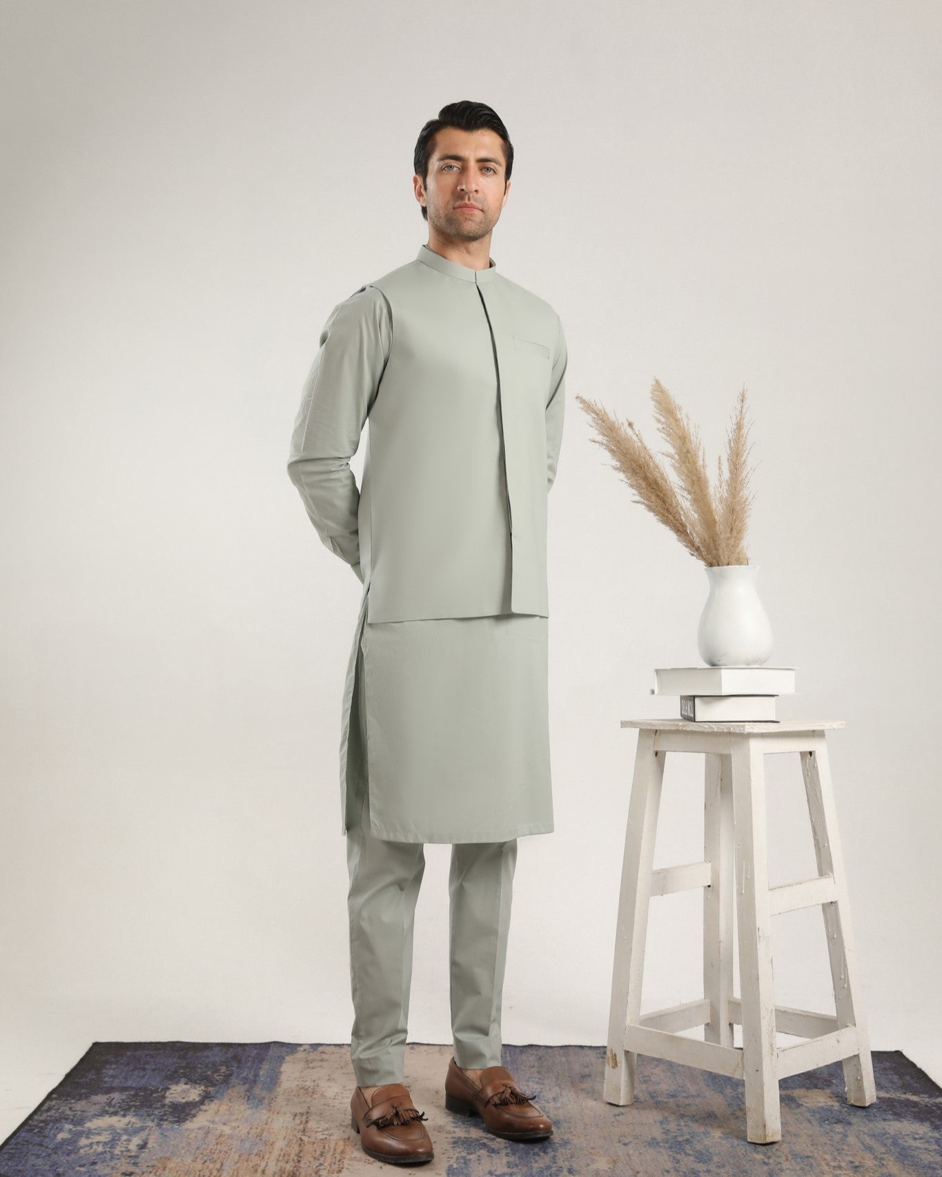 Light Mint Soft Cotton Kurta Trouser with Waistcoat - Men