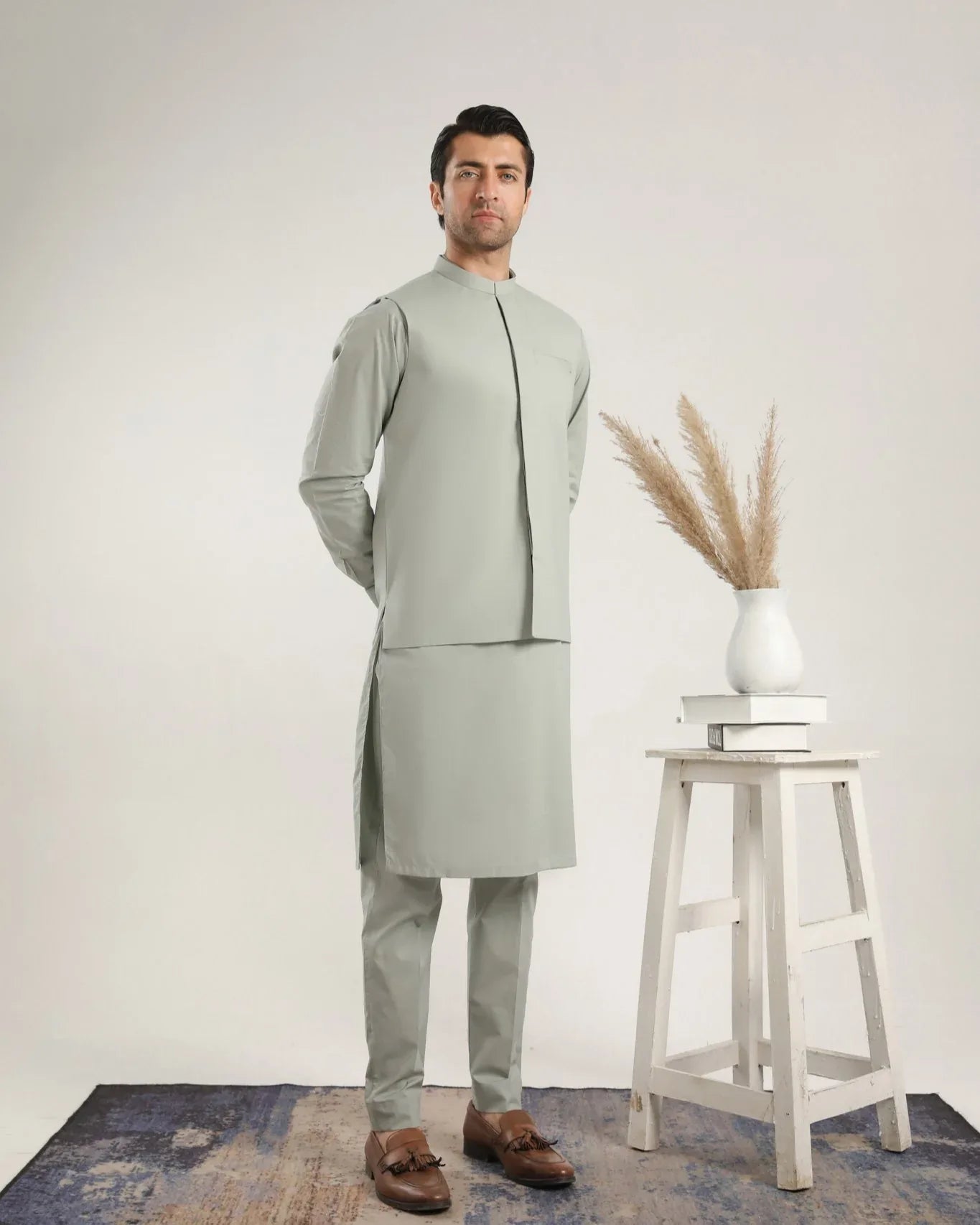 Light Mint Soft Cotton Kurta Trouser with Waistcoat - Men - Muraqsh -- Menswear