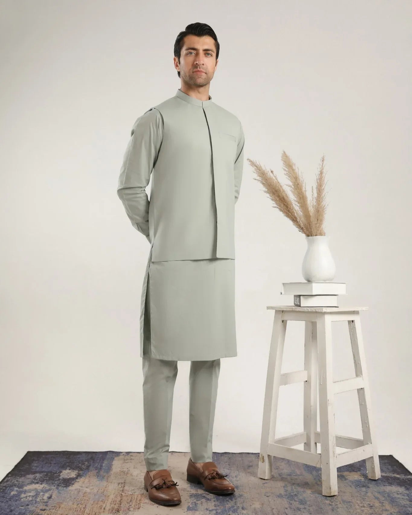 Light Mint Soft Cotton Kurta Trouser with Waistcoat - Men - Muraqsh -- Menswear
