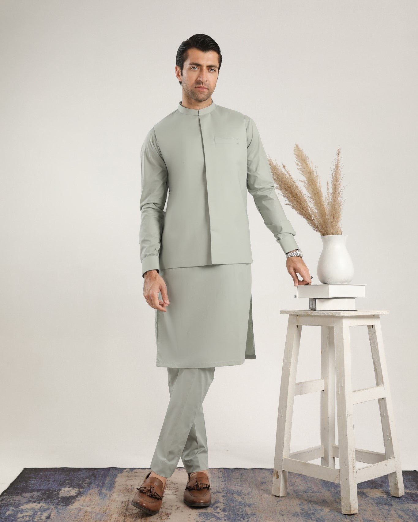 Light Mint Soft Cotton Kurta Trouser with Waistcoat - Men