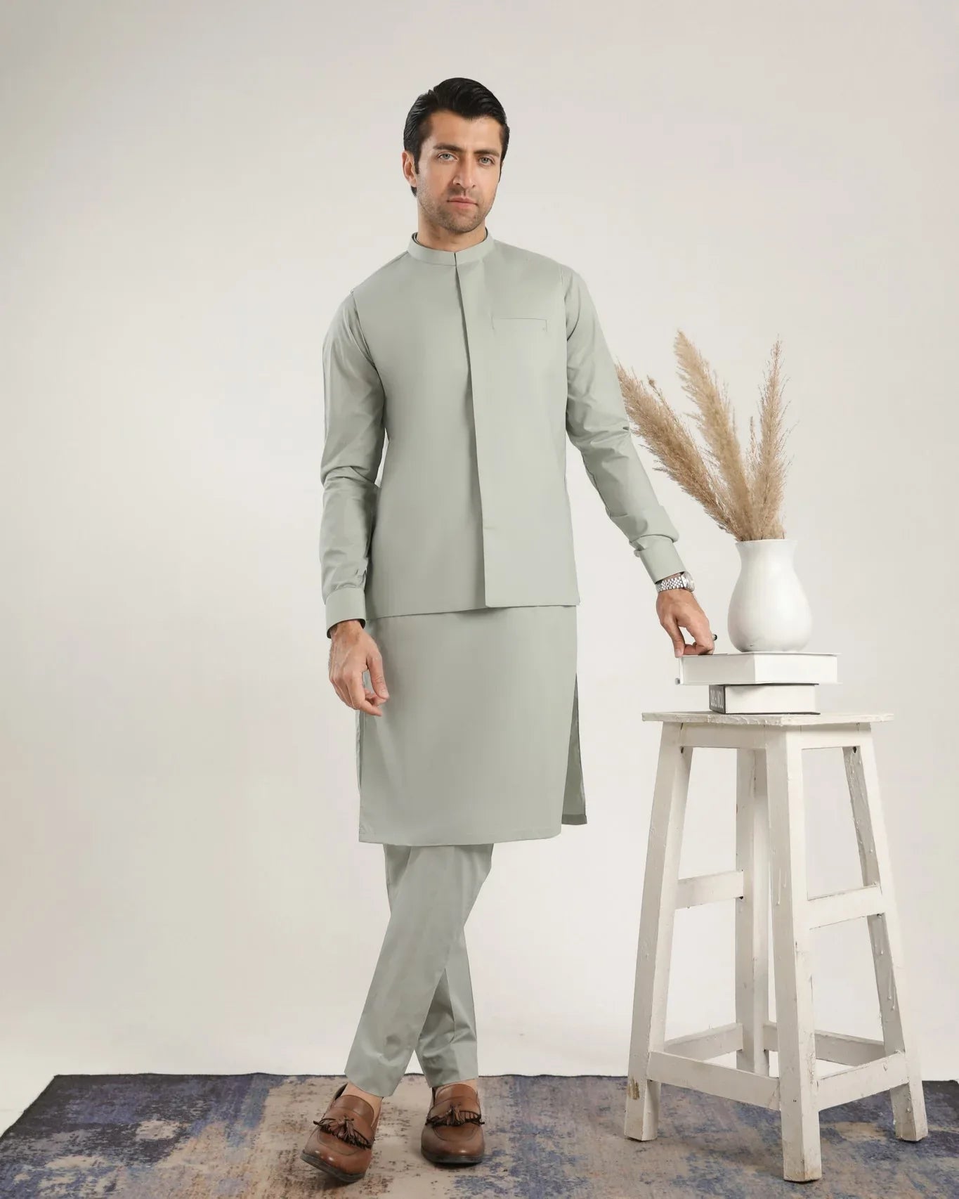 Light Mint Soft Cotton Kurta Trouser with Waistcoat - Men - Muraqsh -- Menswear