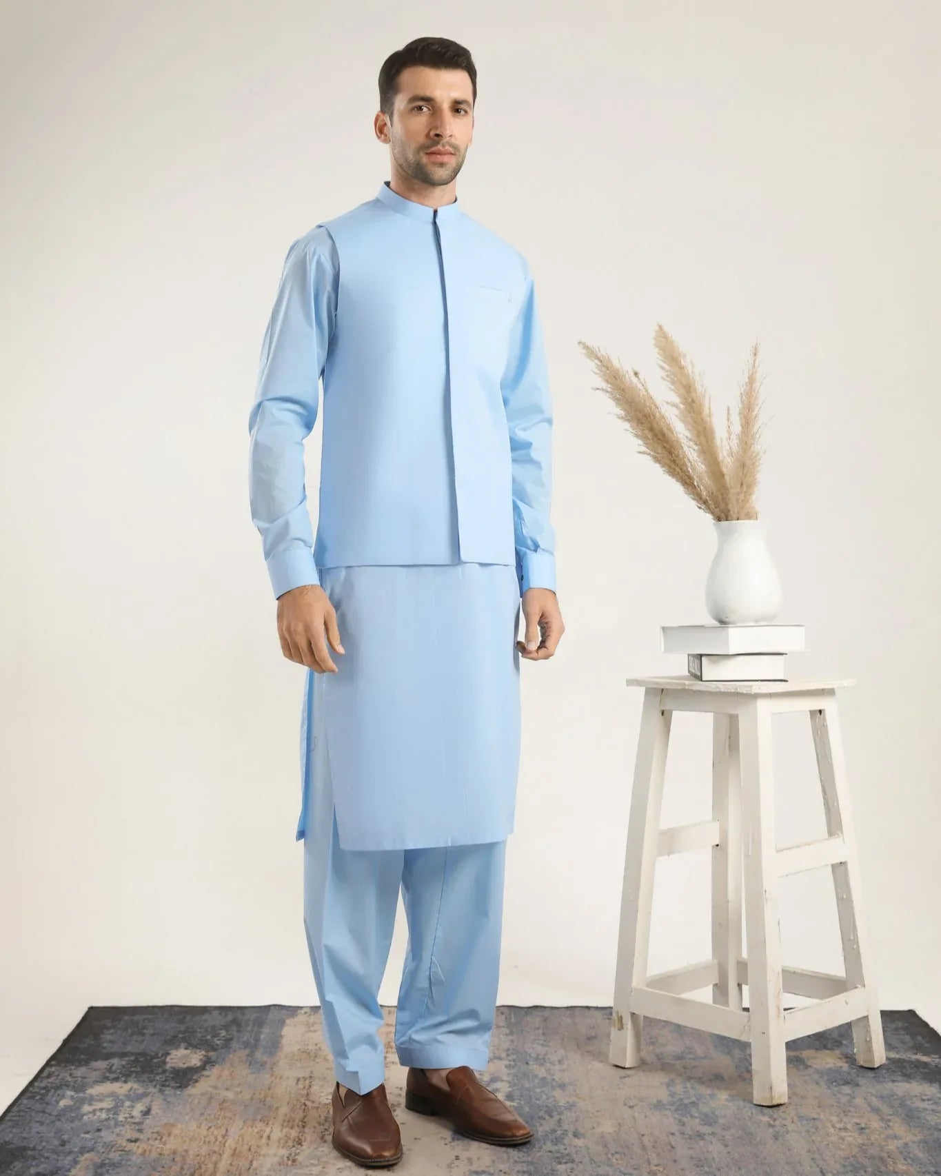 Sky Blue Soft Cotton Waistcoat - Men - Muraqsh -- Menswear