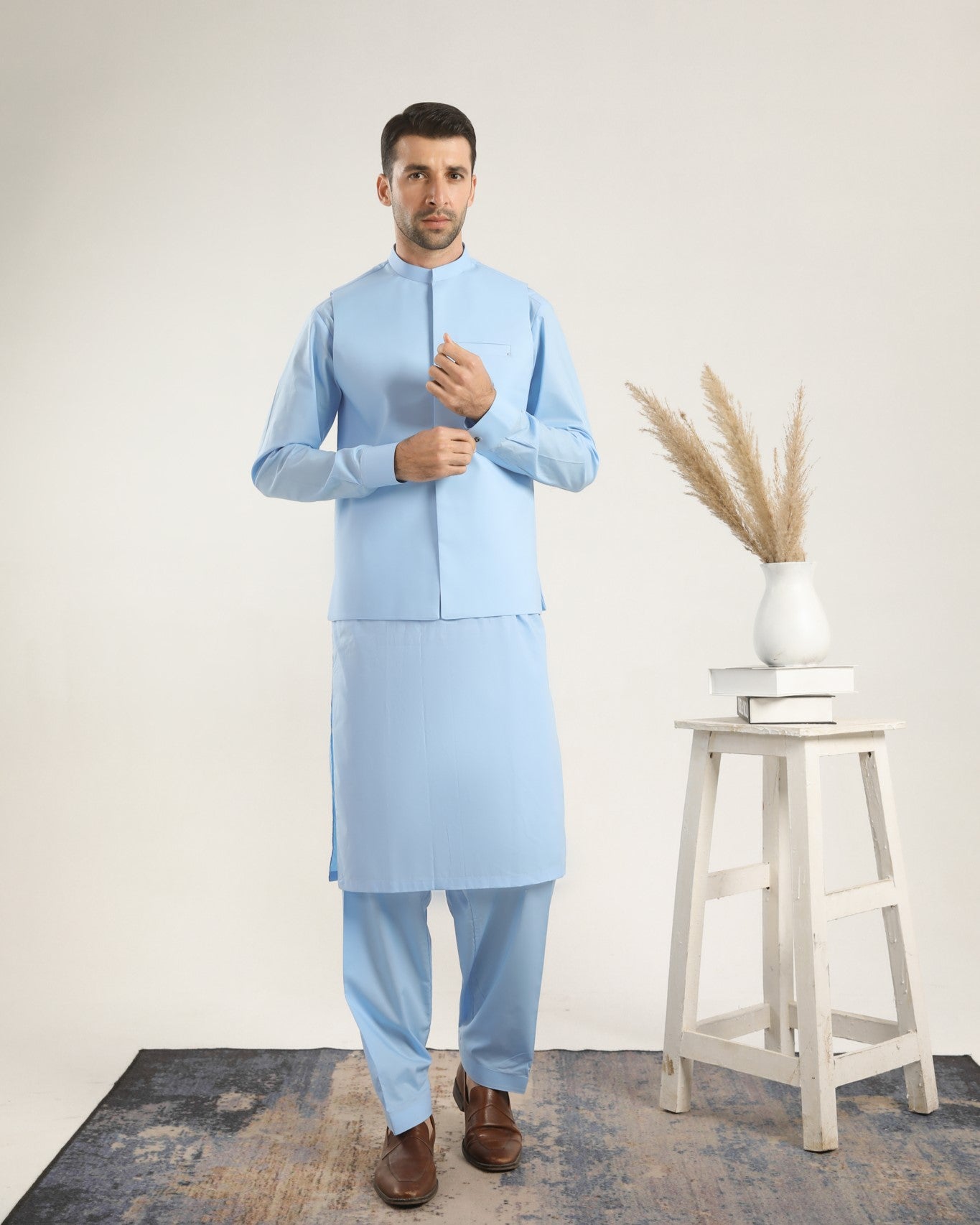 Sky Blue Soft Cotton Kurta Shalwar with Waistcoat - Men