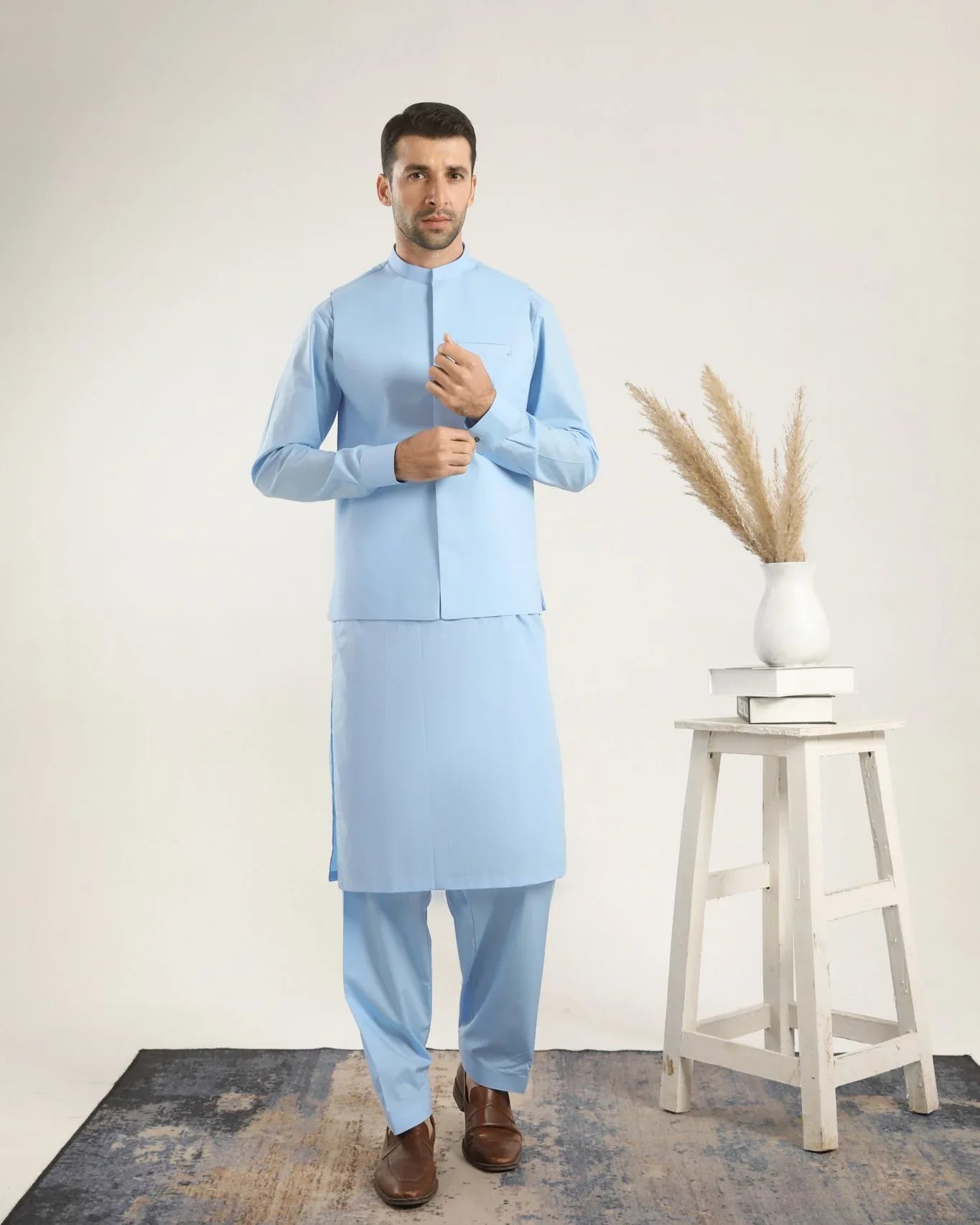 Sky Blue Soft Cotton Kurta Shalwar with Waistcoat - Men - Muraqsh -- Menswear