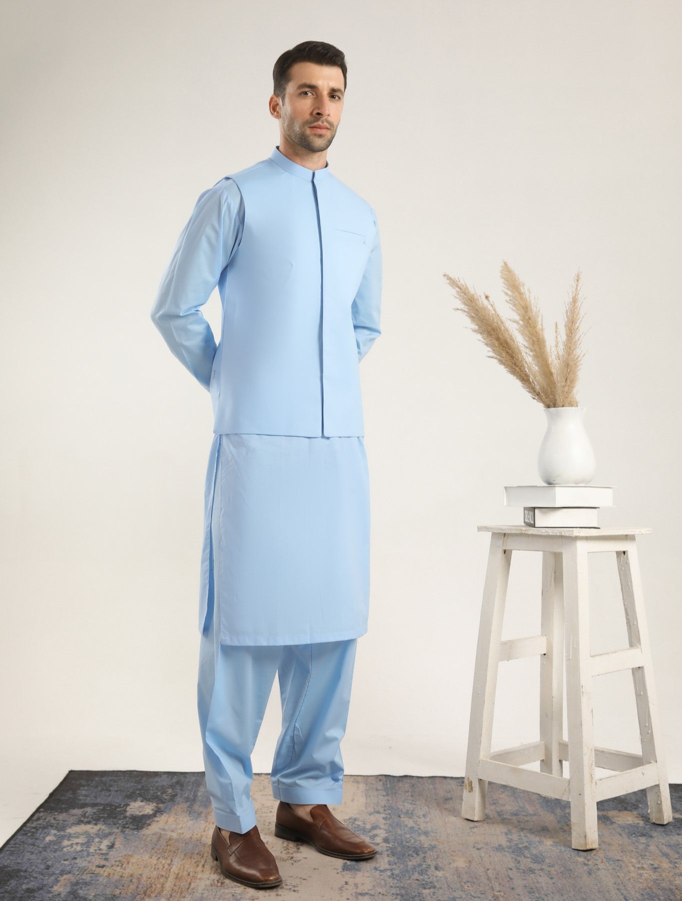 Sky Blue Soft Cotton Kurta Shalwar with Waistcoat - Men