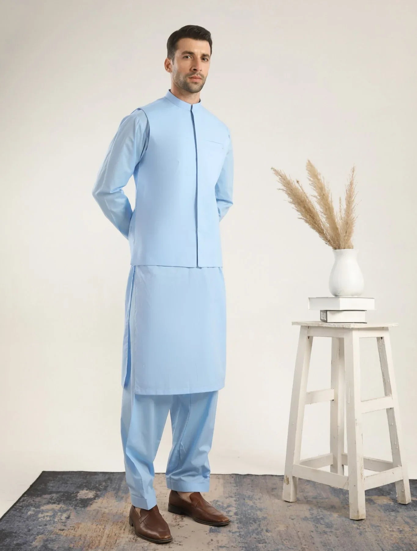 Muraqsh Ready To Wear Solids  Men Ivory Skin Soft Cotton Kurta Shalwar with Waistcoat MUR-ISCKS - Summer Collection
