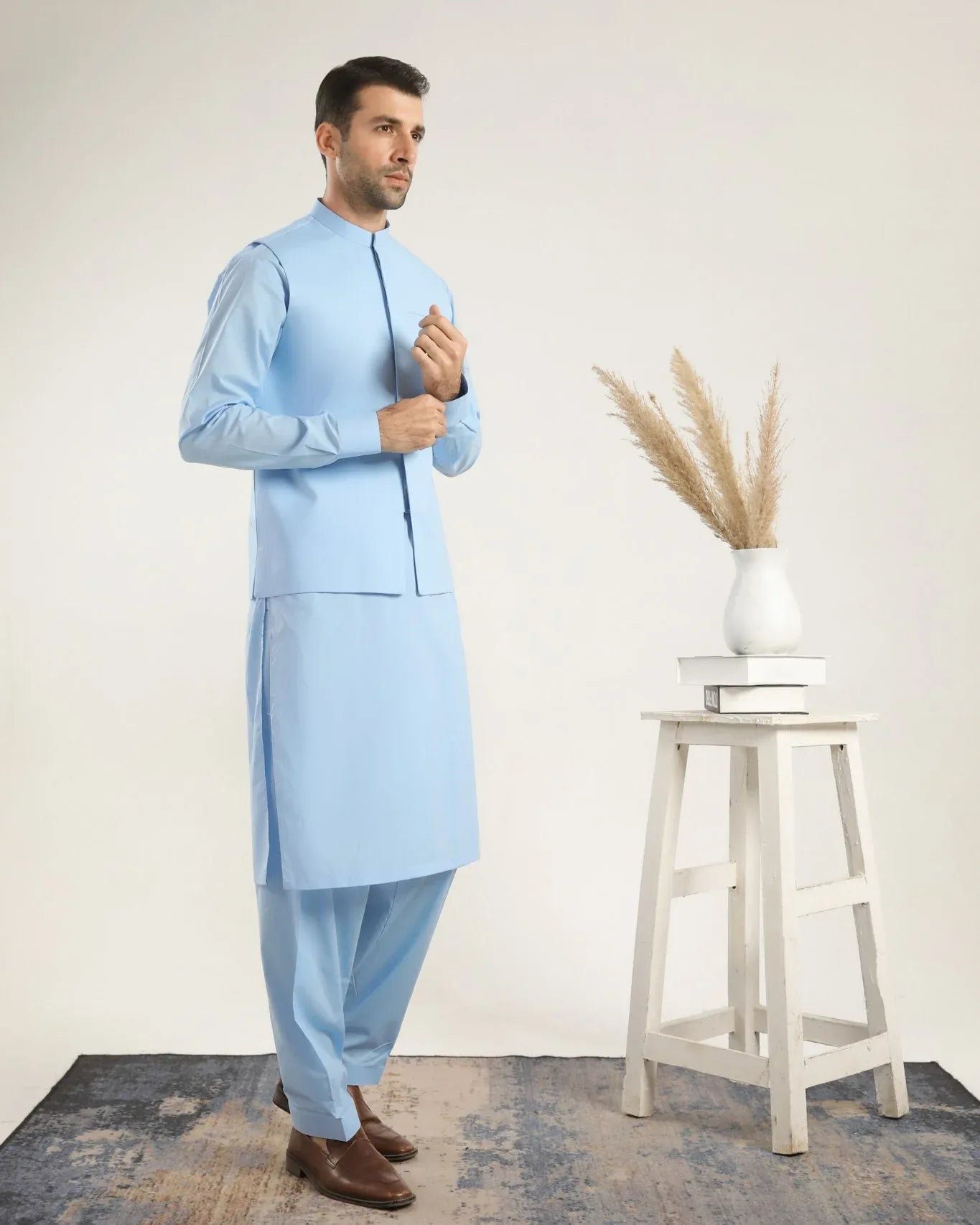 Sky Blue Soft Cotton Kurta Shalwar with Waistcoat - Men - Muraqsh -- Menswear