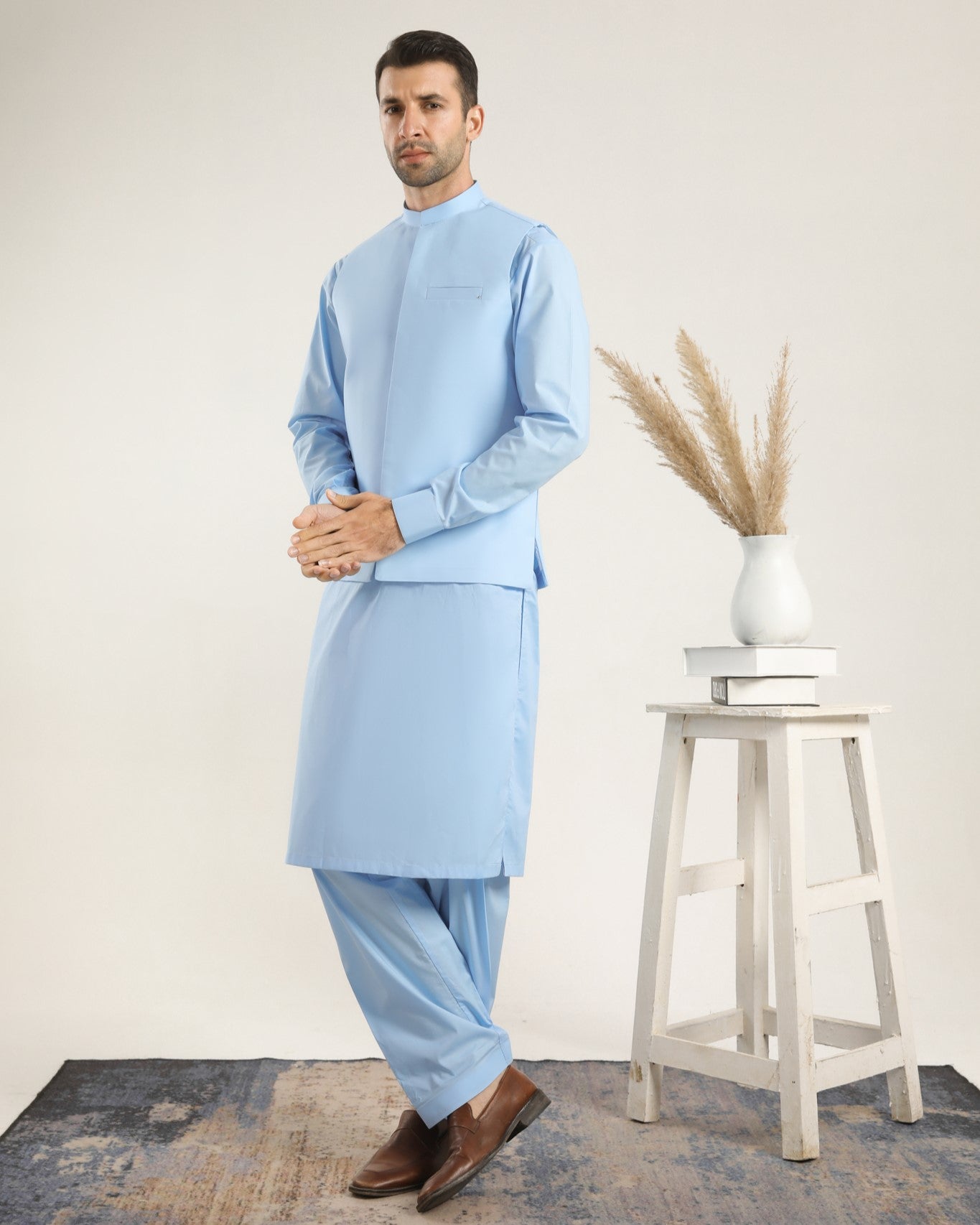Sky Blue Soft Cotton Kurta Shalwar with Waistcoat - Men